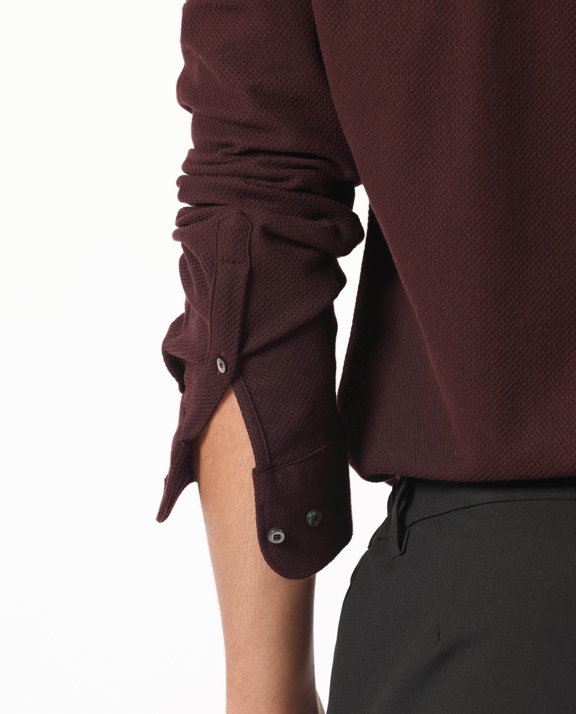 Rare Rabbit Men's Venizia Brown Cotton Fabric Full Sleeves Solid Waffle Knit Textured Shirt