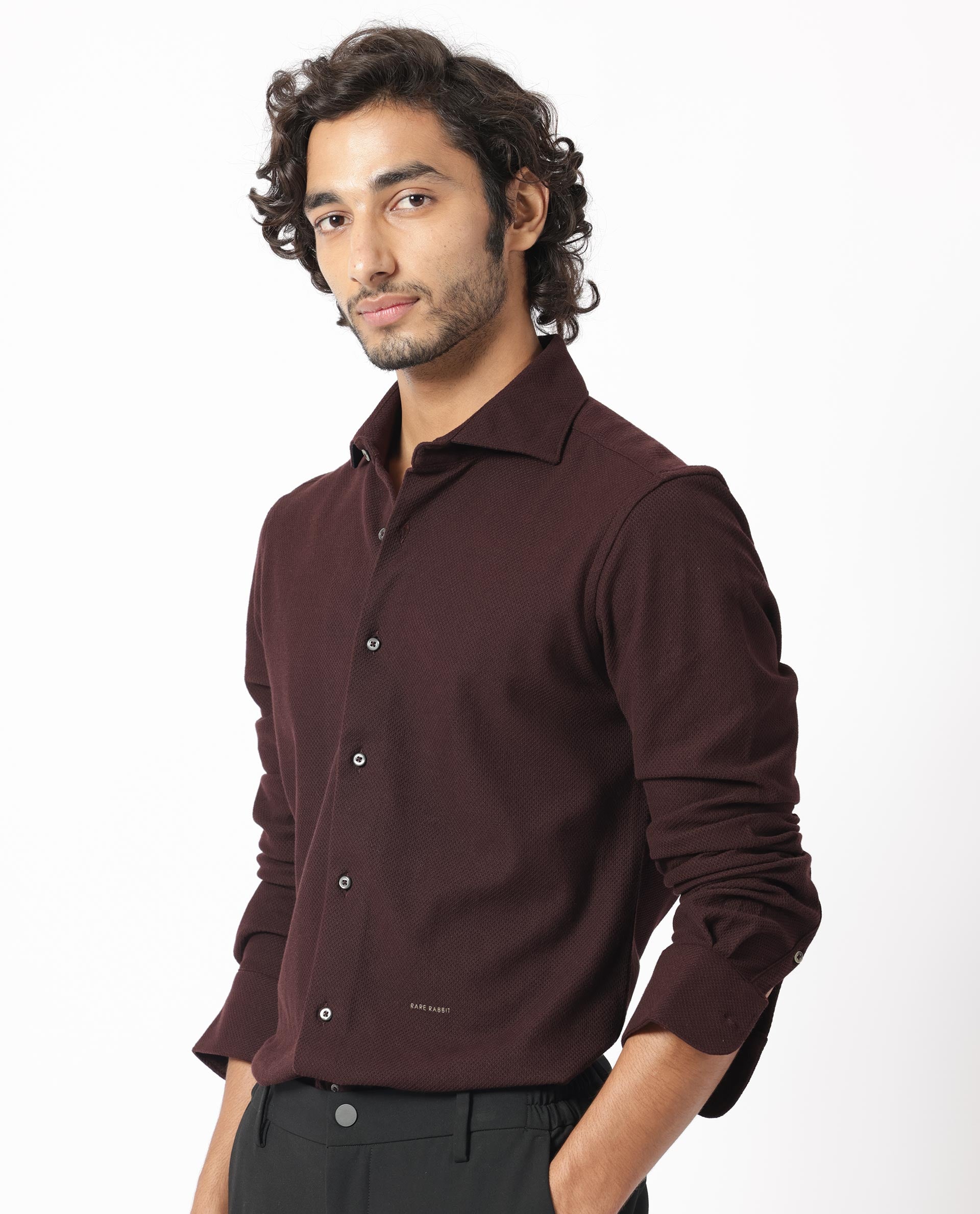 Rare Rabbit Men's Venizia Brown Cotton Fabric Full Sleeves Solid Waffle Knit Textured Shirt