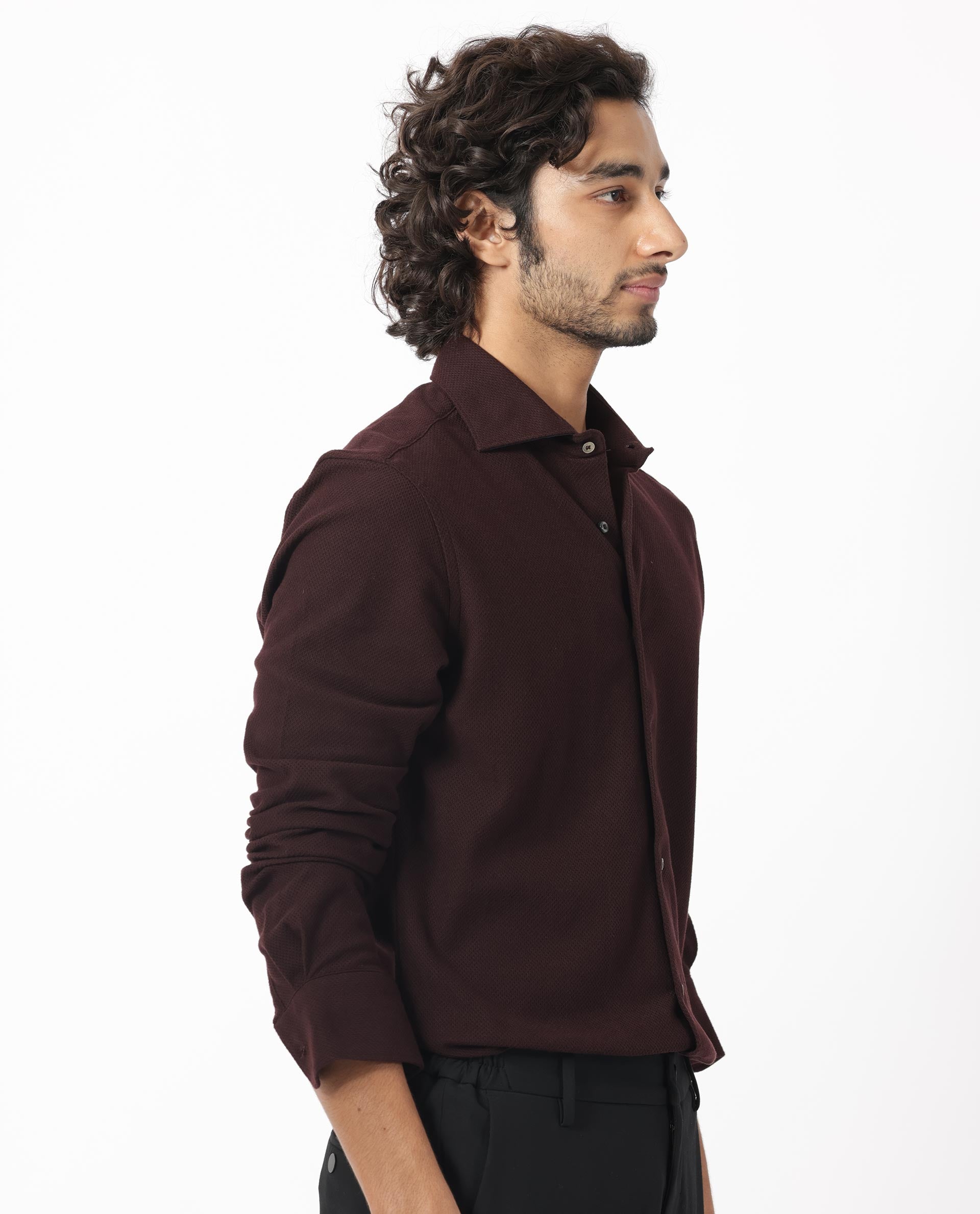 Rare Rabbit Men's Venizia Brown Cotton Fabric Full Sleeves Solid Waffle Knit Textured Shirt