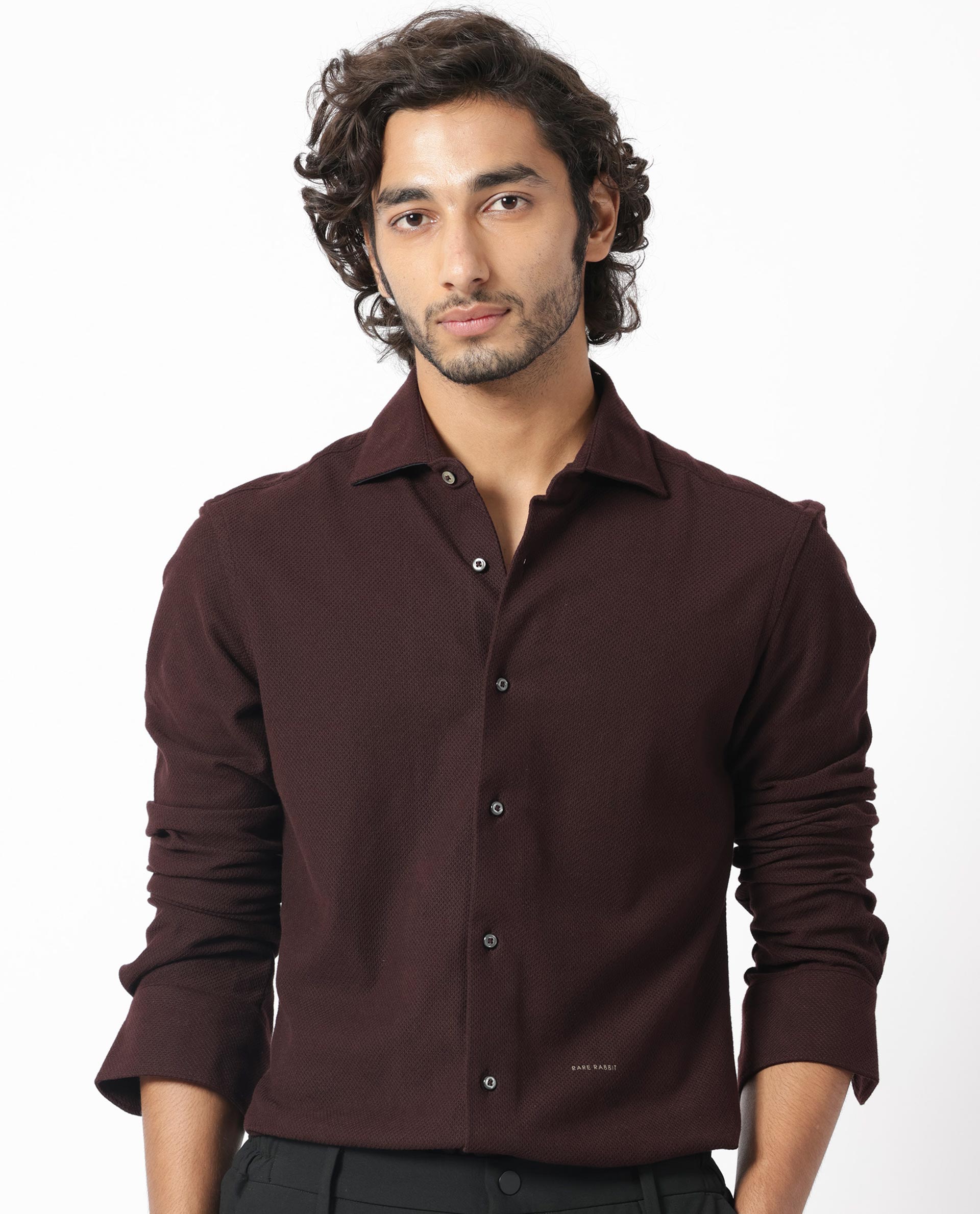 Rare Rabbit Men's Venizia Brown Cotton Fabric Full Sleeves Solid Waffle Knit Textured Shirt