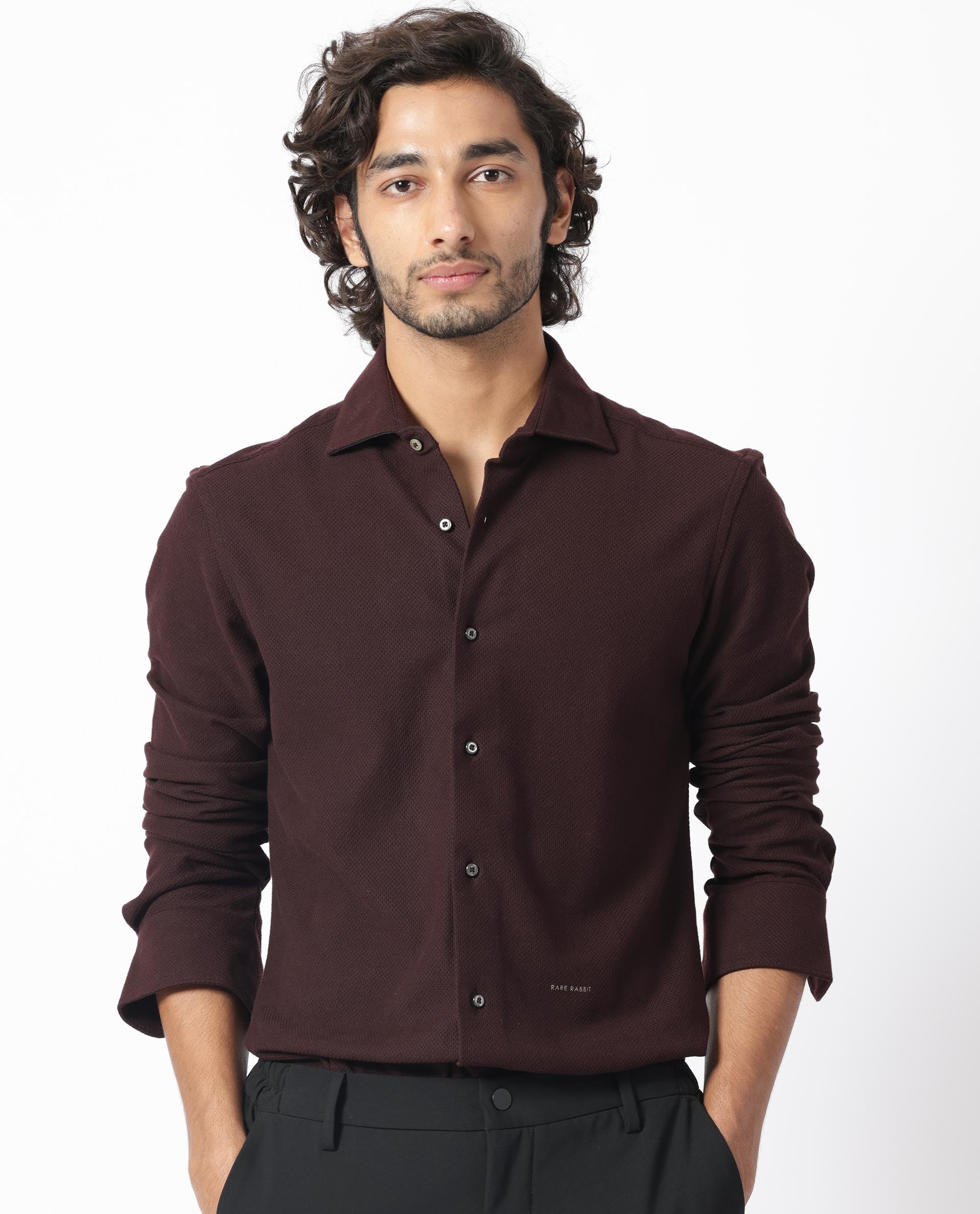 Rare Rabbit Men's Venizia Brown Cotton Fabric Full Sleeves Solid Waffle Knit Textured Shirt