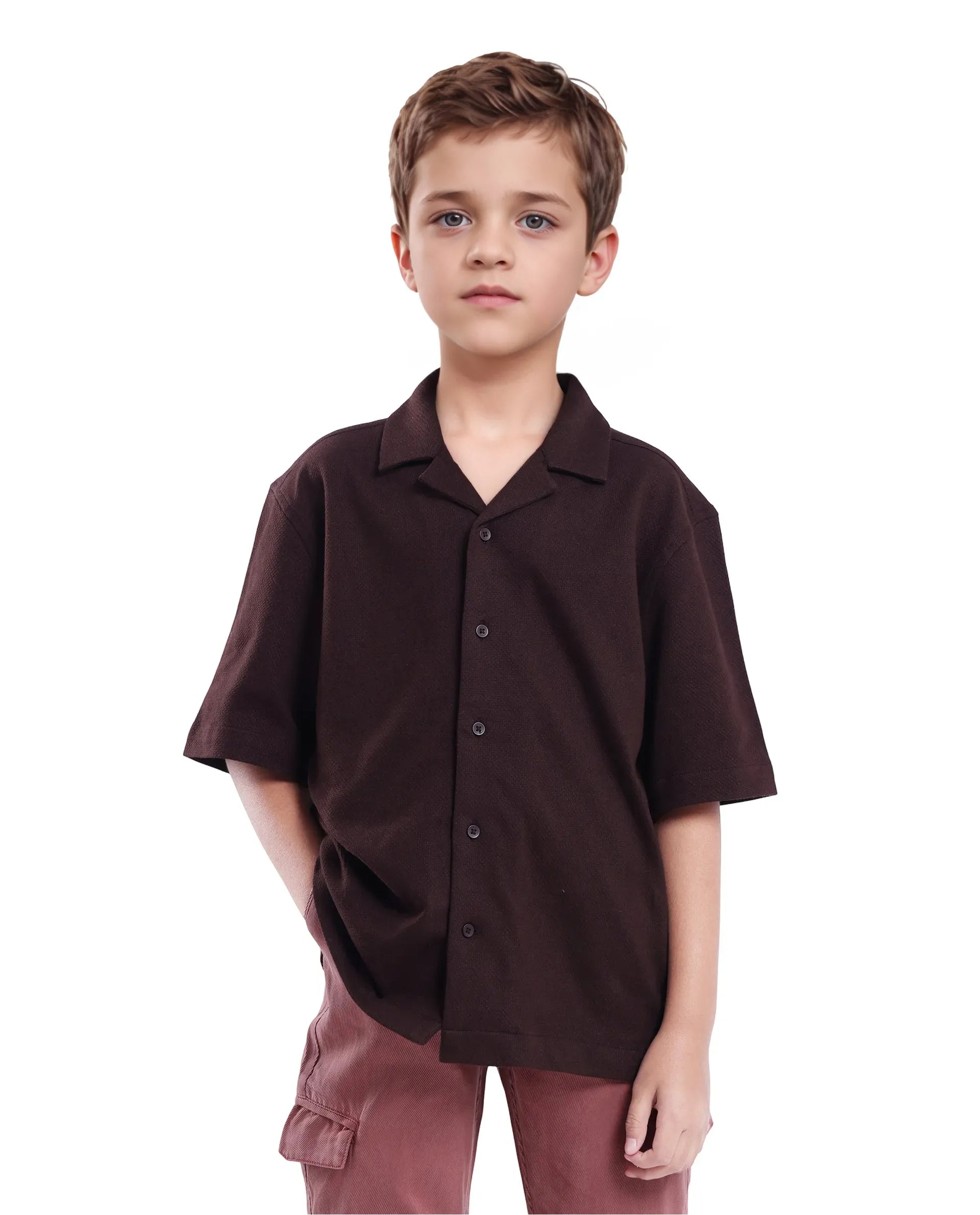 Rare Ones Kids Veno-S Brown Cotton Half Sleeve Button Solid Regular Fit Shirt