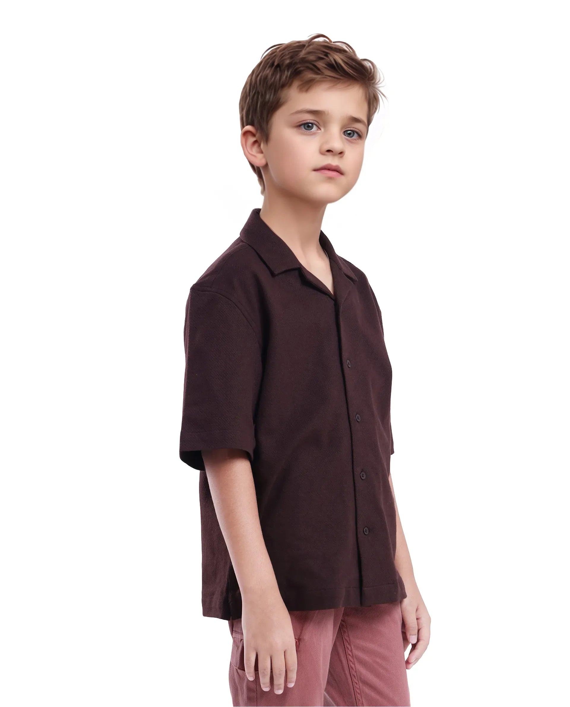 Rare Ones Kids Veno-S Brown Cotton Half Sleeve Button Solid Regular Fit Shirt