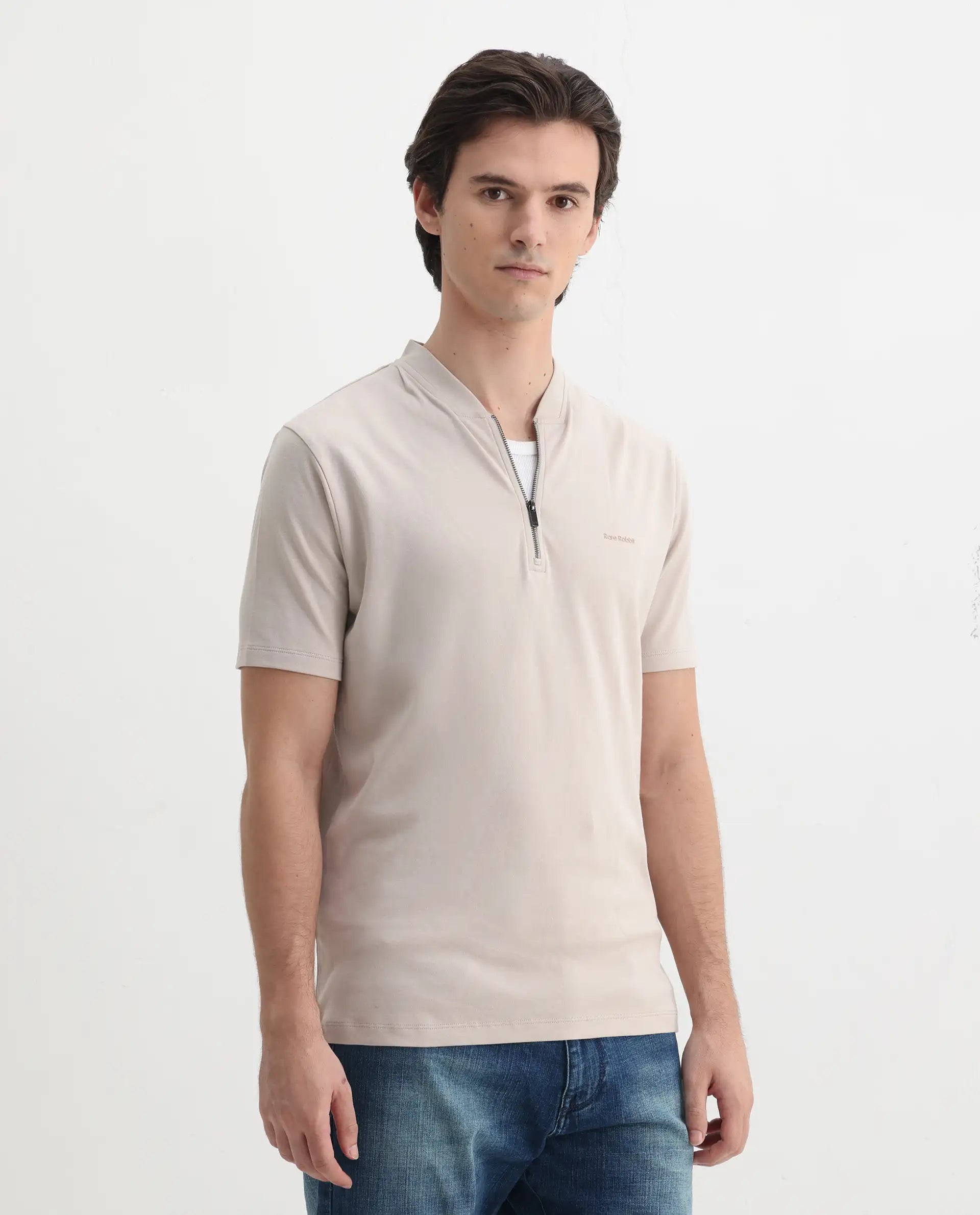 Rare Rabbit Men's Veno Light Beige Cotton Plain Regular Fit Half Sleeve Polo