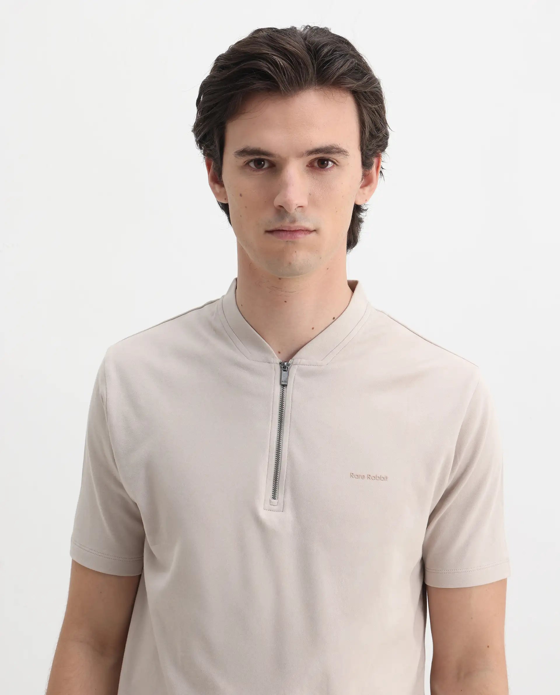 Rare Rabbit Men's Veno Light Beige Cotton Plain Regular Fit Half Sleeve Polo
