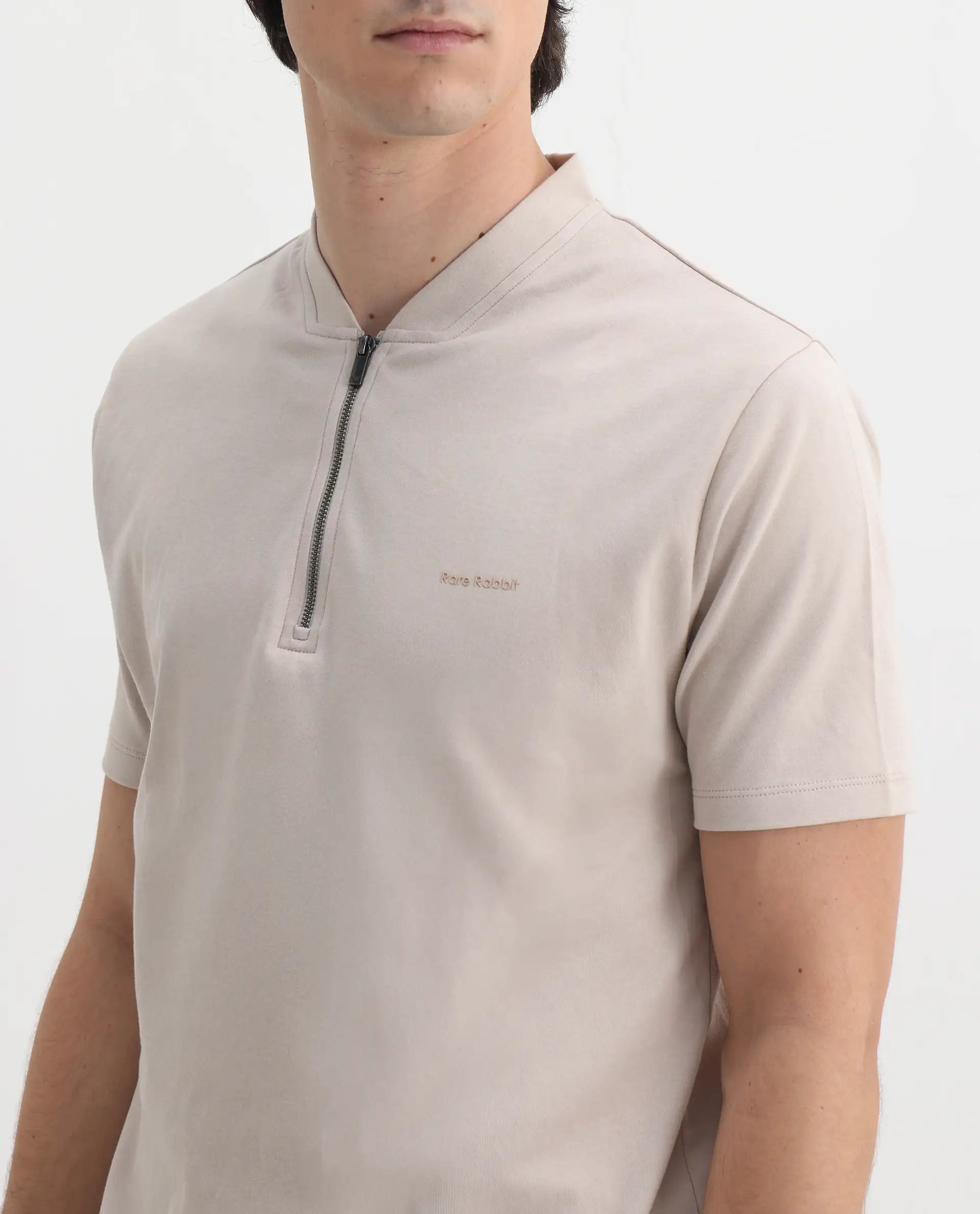 Rare Rabbit Men's Veno Light Beige Cotton Plain Regular Fit Half Sleeve Polo