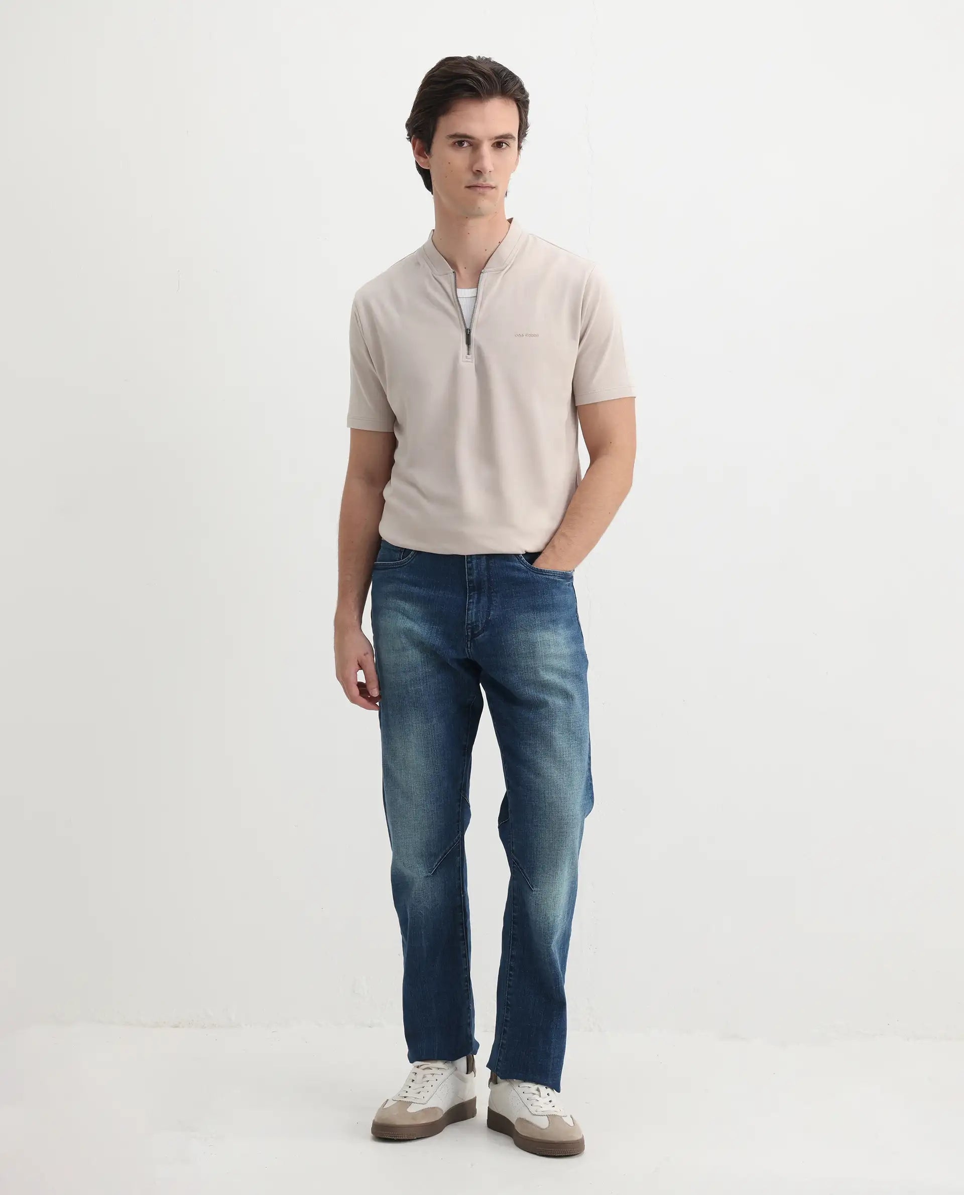 Rare Rabbit Men's Veno Light Beige Cotton Plain Regular Fit Half Sleeve Polo