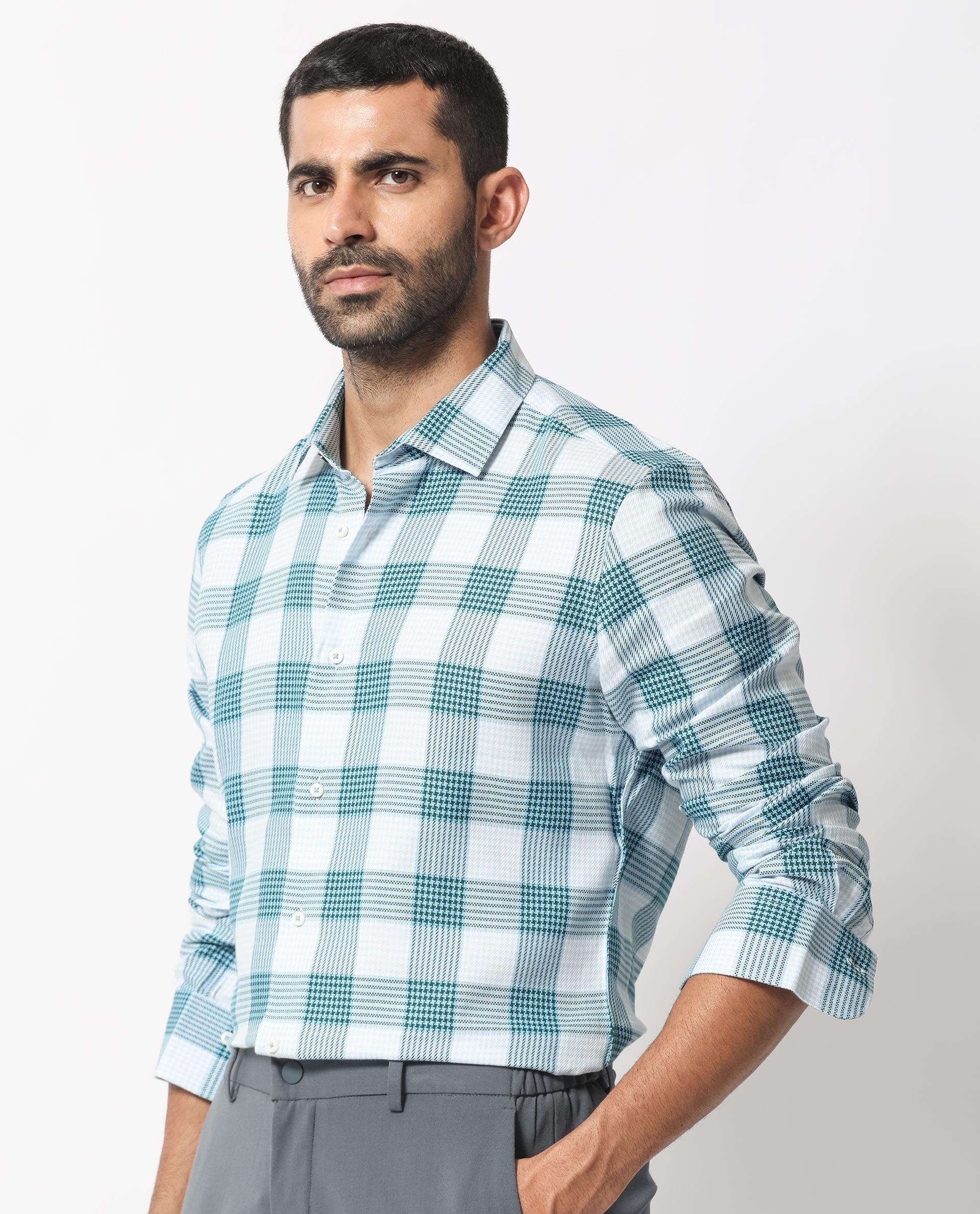 Rare Rabbit Men's Ventura Light Blue Cotton Fabric Full Sleeves Checks Shirt