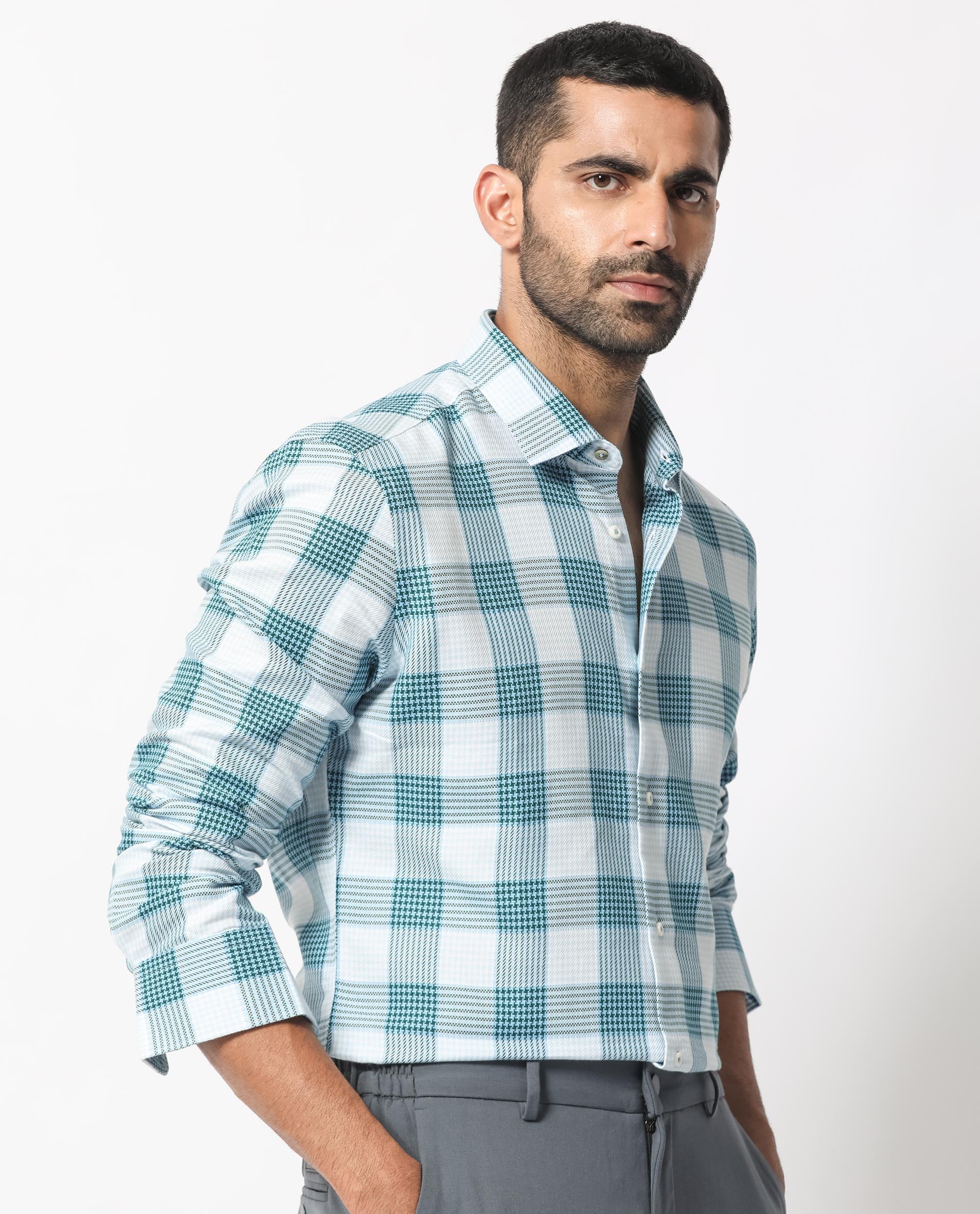 Rare Rabbit Men's Ventura Light Blue Cotton Fabric Full Sleeves Checks Shirt