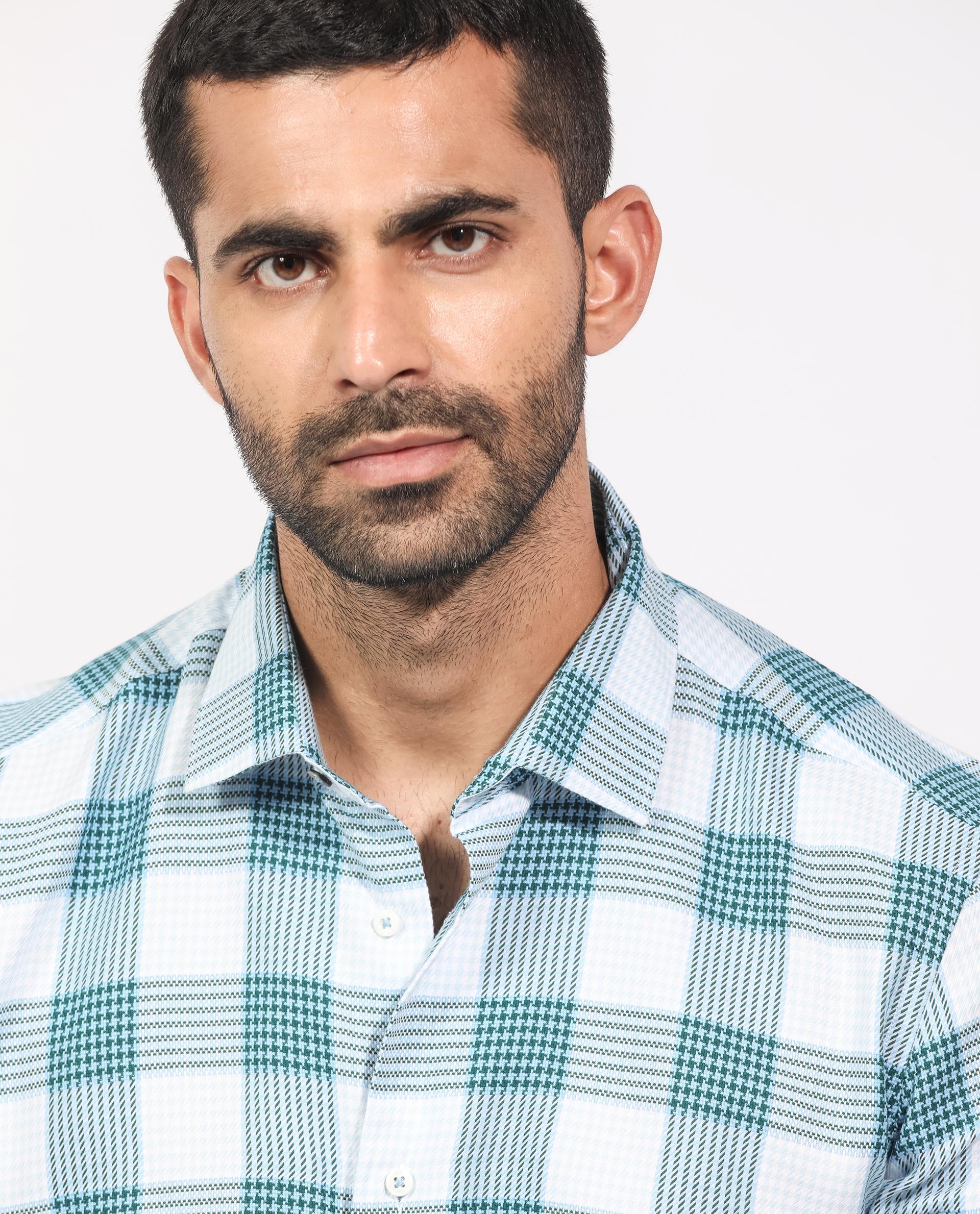 Rare Rabbit Men's Ventura Light Blue Cotton Fabric Full Sleeves Checks Shirt