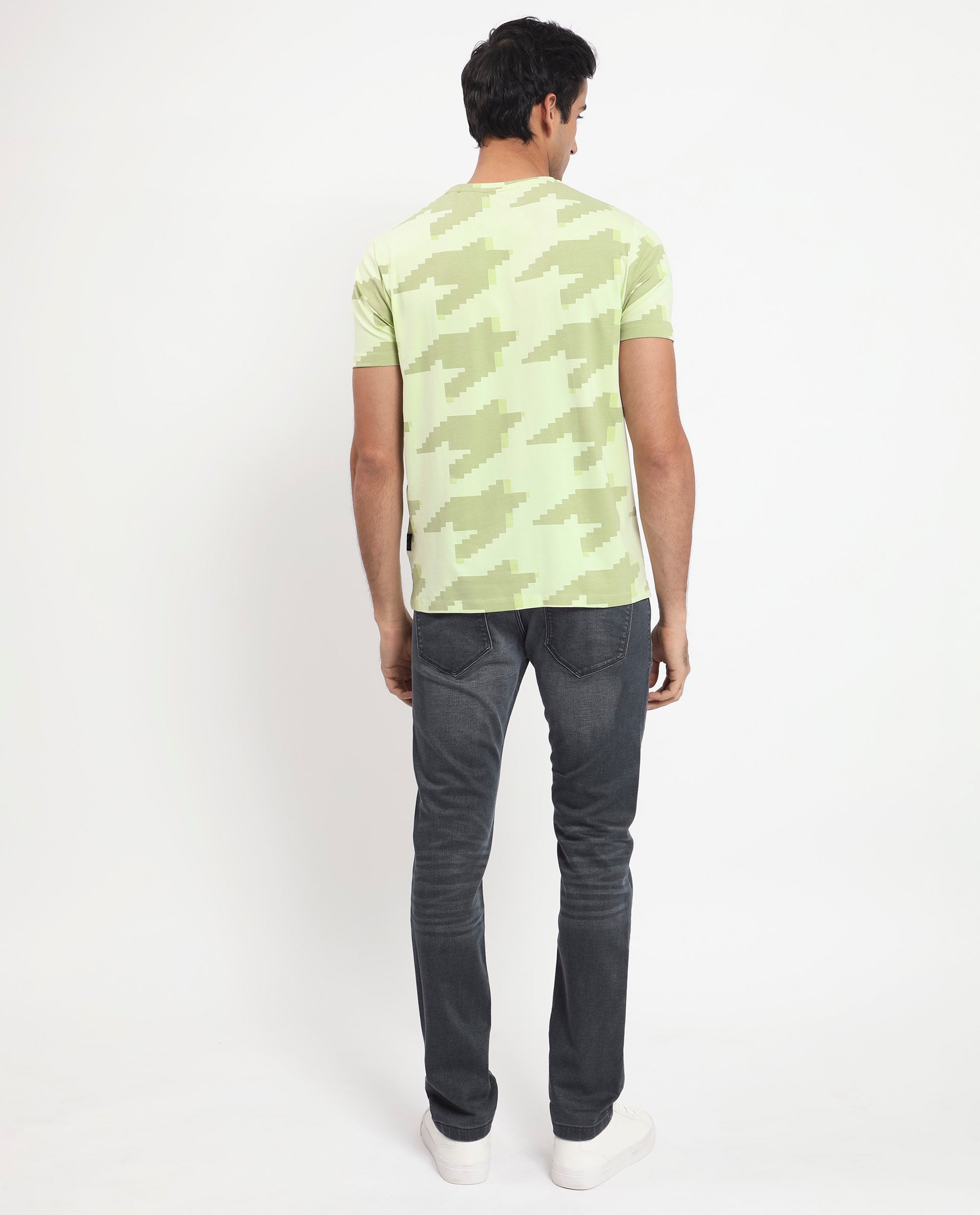 Rare Rabbit Men's Venus Light Green Crew Neck Houndstooth Print Half Sleeves Slim Fit T-Shirt