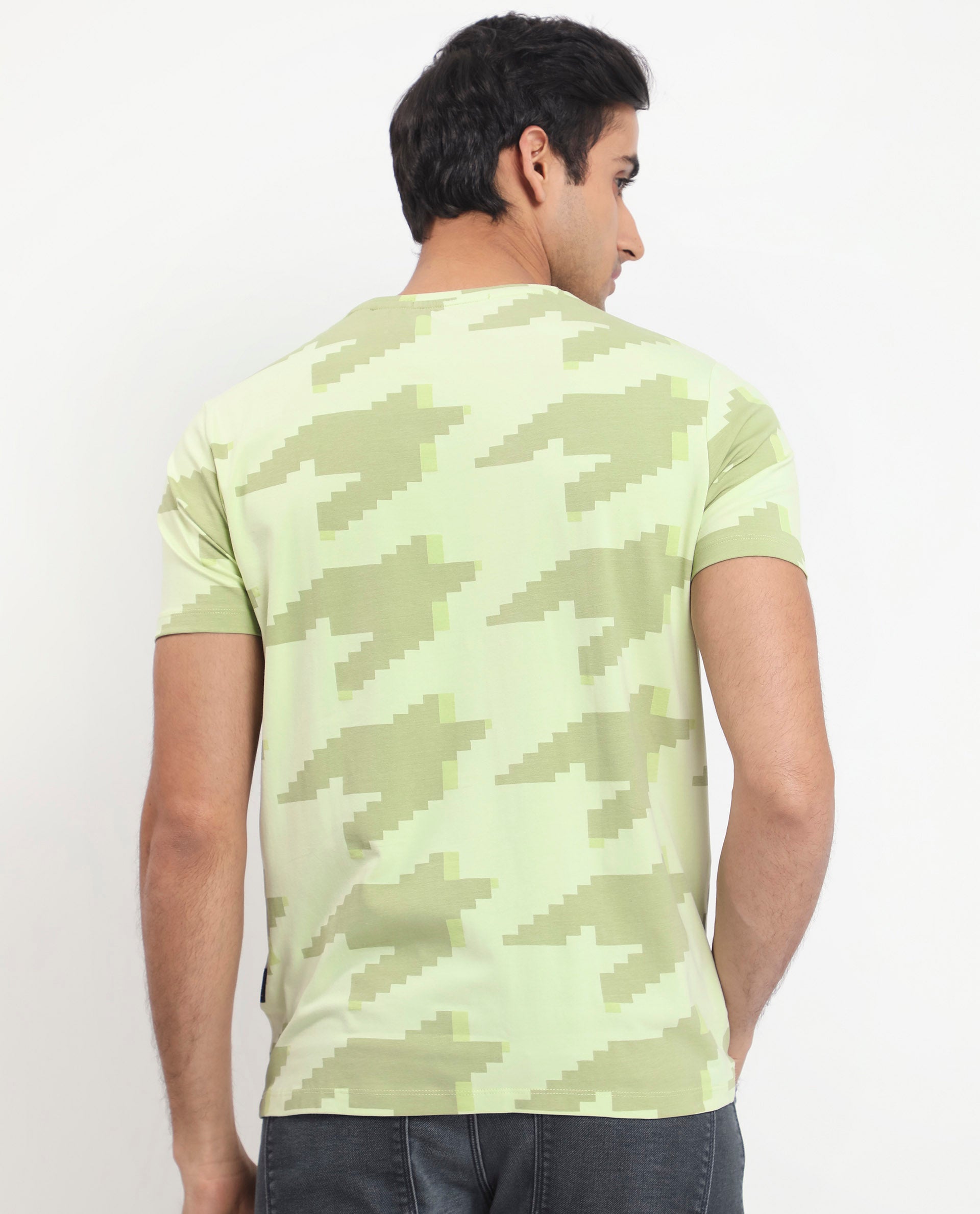 Rare Rabbit Men's Venus Light Green Crew Neck Houndstooth Print Half Sleeves Slim Fit T-Shirt