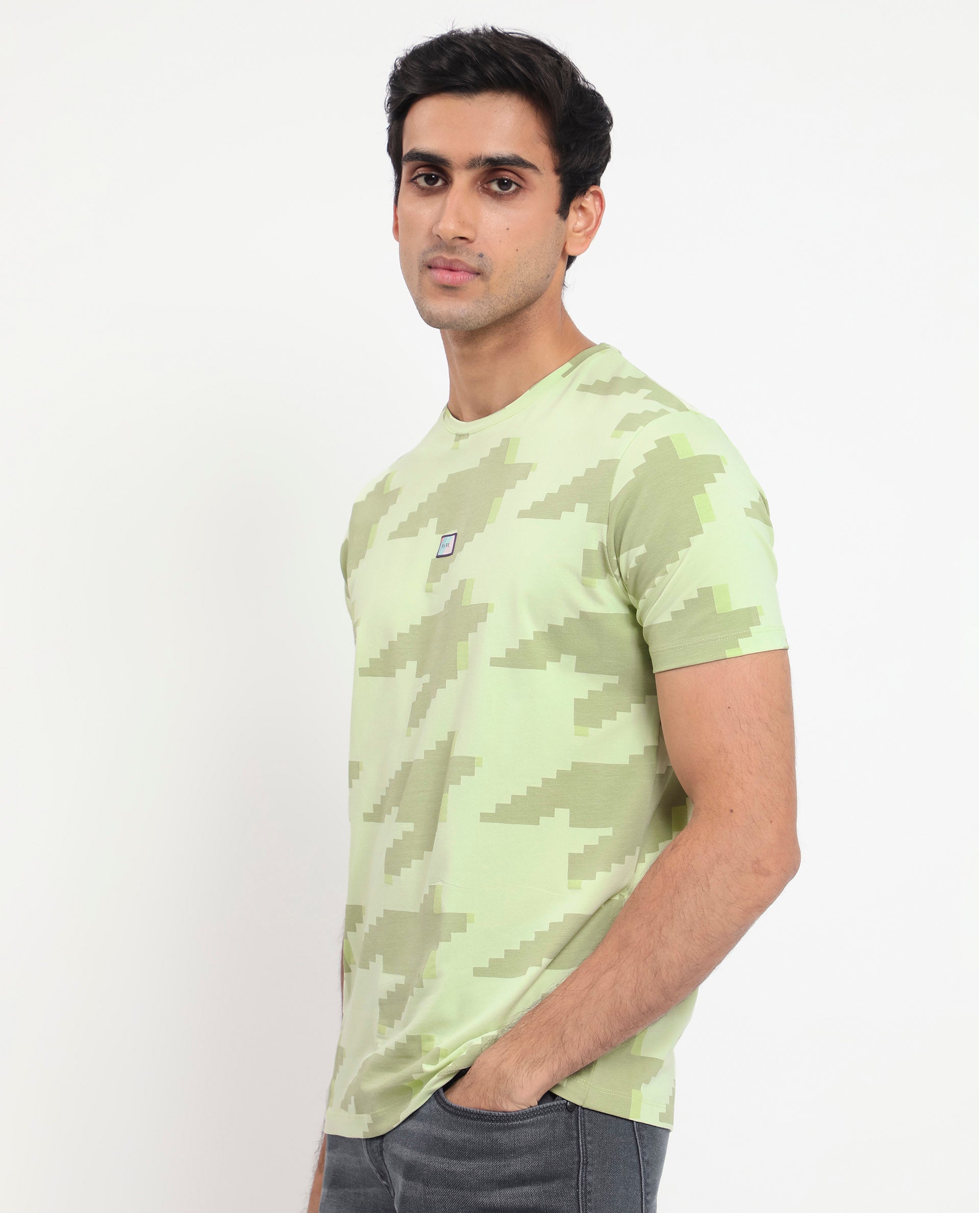 Rare Rabbit Men's Venus Light Green Crew Neck Houndstooth Print Half Sleeves Slim Fit T-Shirt