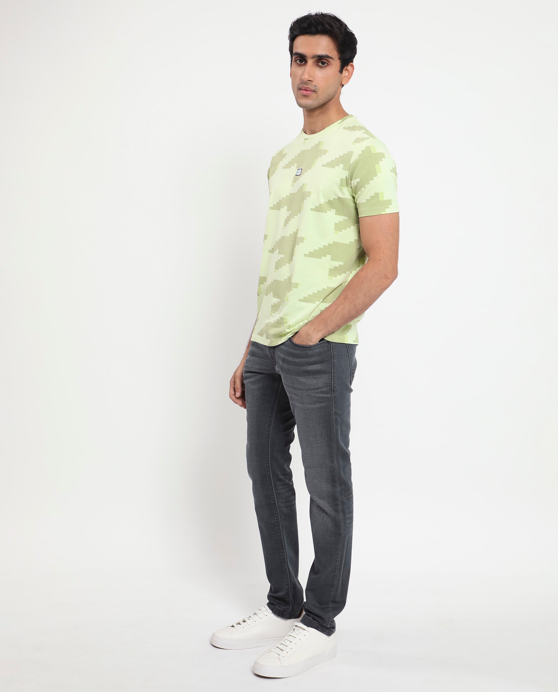 Rare Rabbit Men's Venus Light Green Crew Neck Houndstooth Print Half Sleeves Slim Fit T-Shirt