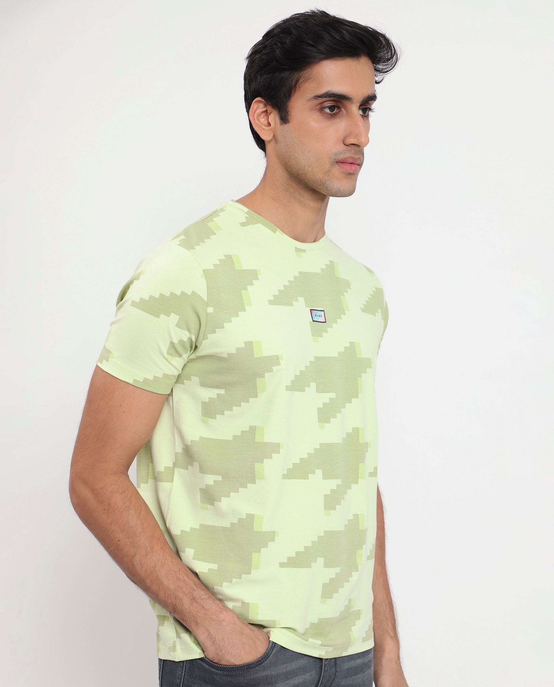 Rare Rabbit Men's Venus Light Green Crew Neck Houndstooth Print Half Sleeves Slim Fit T-Shirt