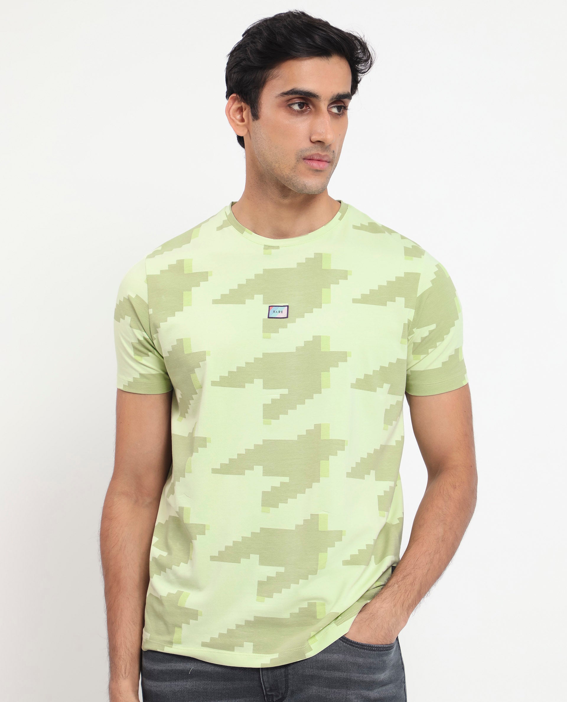 Rare Rabbit Men's Venus Light Green Crew Neck Houndstooth Print Half Sleeves Slim Fit T-Shirt