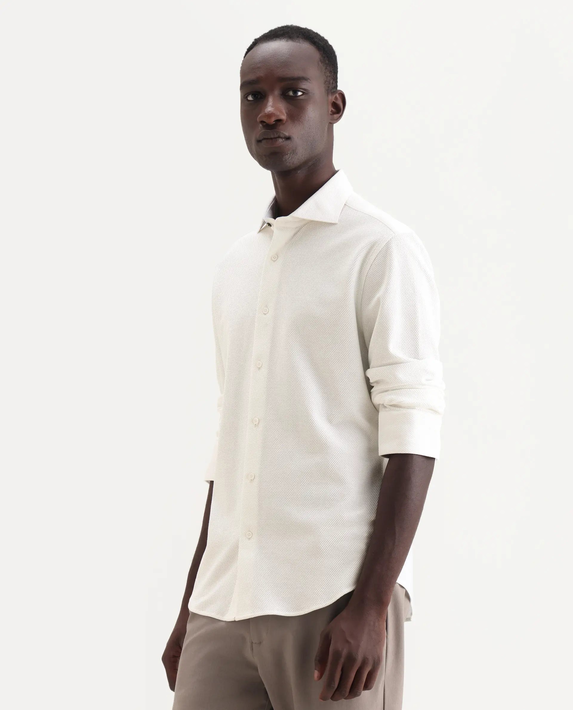 Rare Rabbit Men's Venziya-25 White Cotton Fabric Spread Collar Regular Fit Textured Shirt