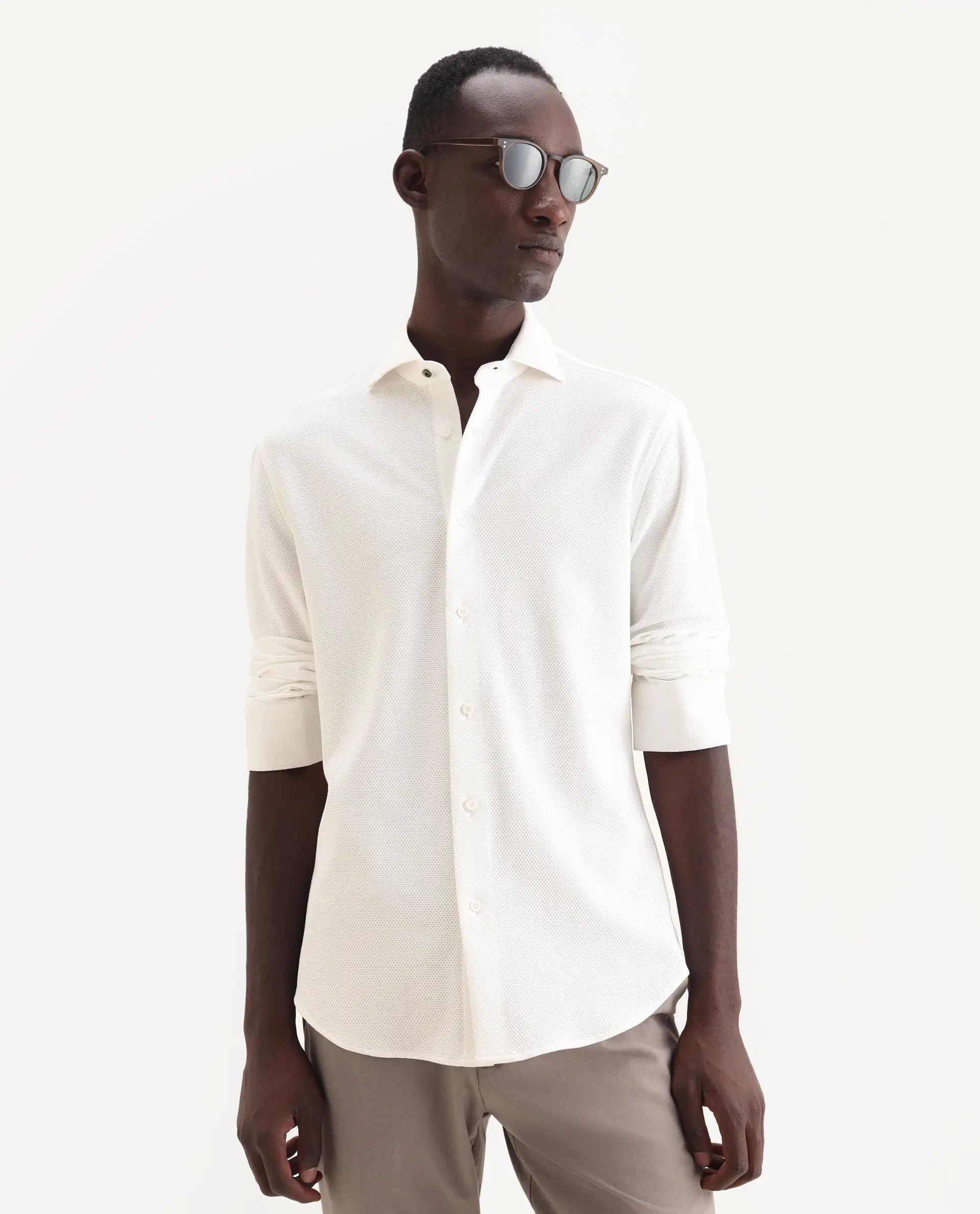 Rare Rabbit Men's Venziya-25 White Cotton Fabric Spread Collar Regular Fit Textured Shirt