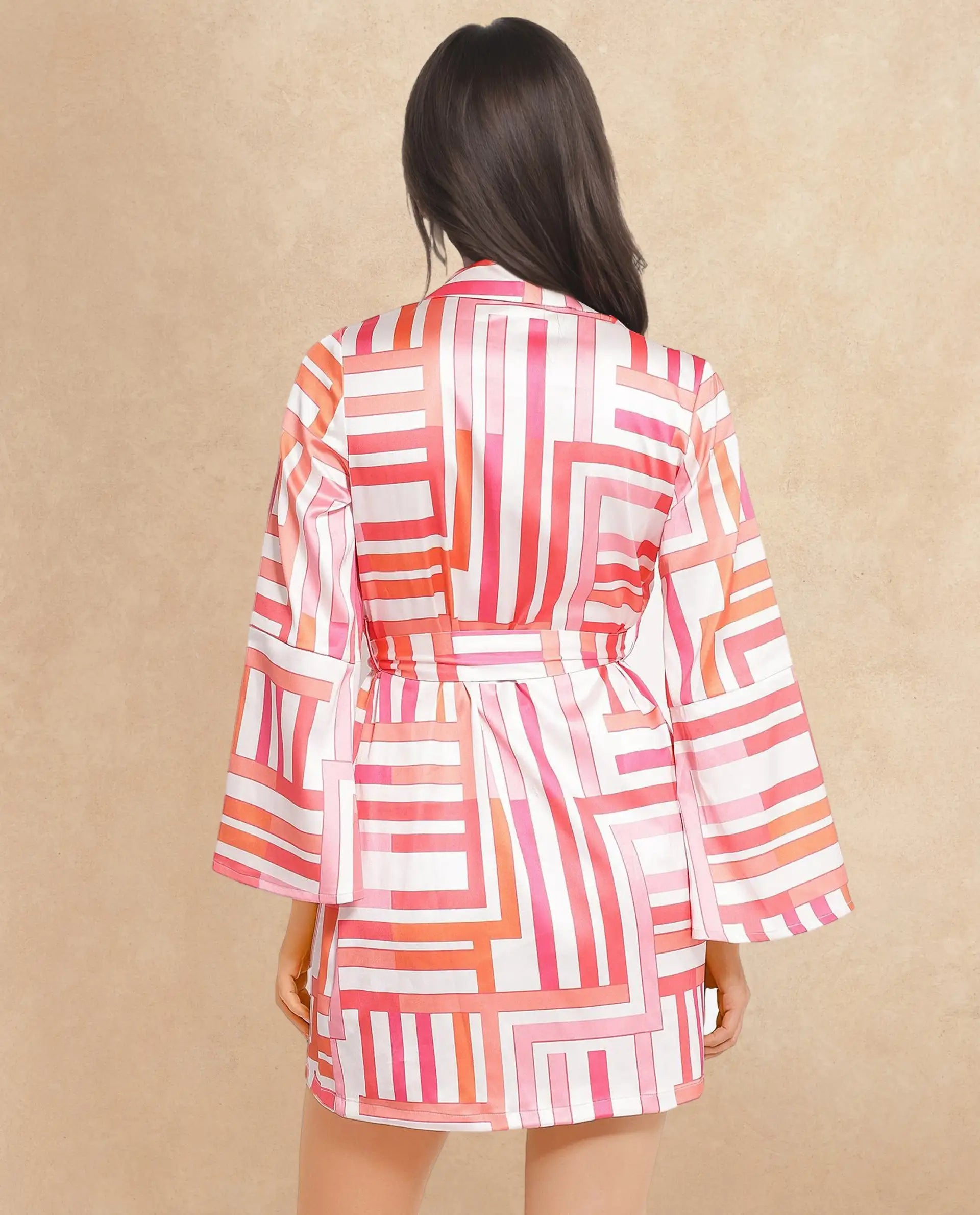 Rareism Women Veracruz Light Multi Bell Sleeves Lapel Neck Tie Up Straight Fit Geometric Print Mini Dress