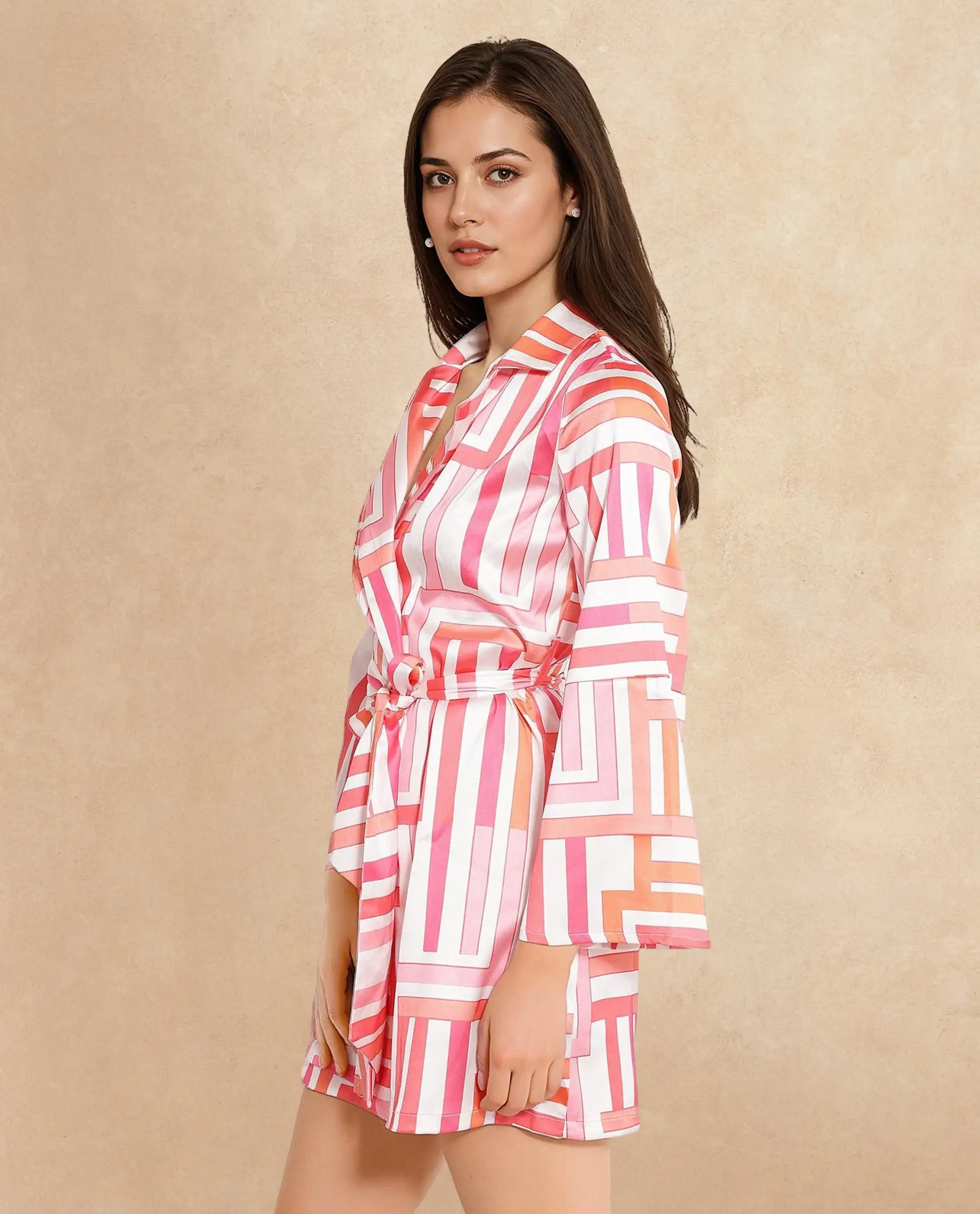 Rareism Women Veracruz Light Multi Bell Sleeves Lapel Neck Tie Up Straight Fit Geometric Print Mini Dress