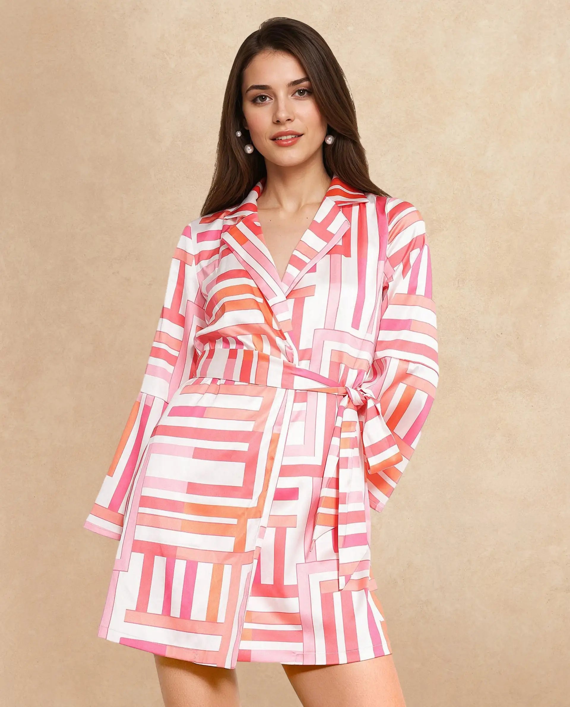 Rareism Women Veracruz Light Multi Bell Sleeves Lapel Neck Tie Up Straight Fit Geometric Print Mini Dress