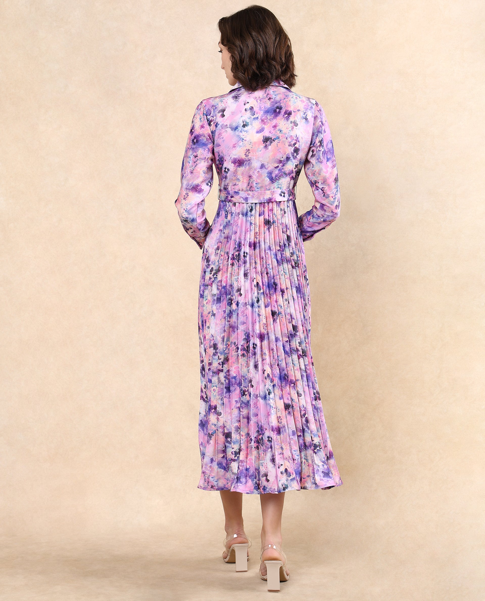 Rareism Women Verdem Pastel Multi Polyester Fabric Bishop Sleeve Collared Neck Button Closure Flared Maxi Floral Print Dress