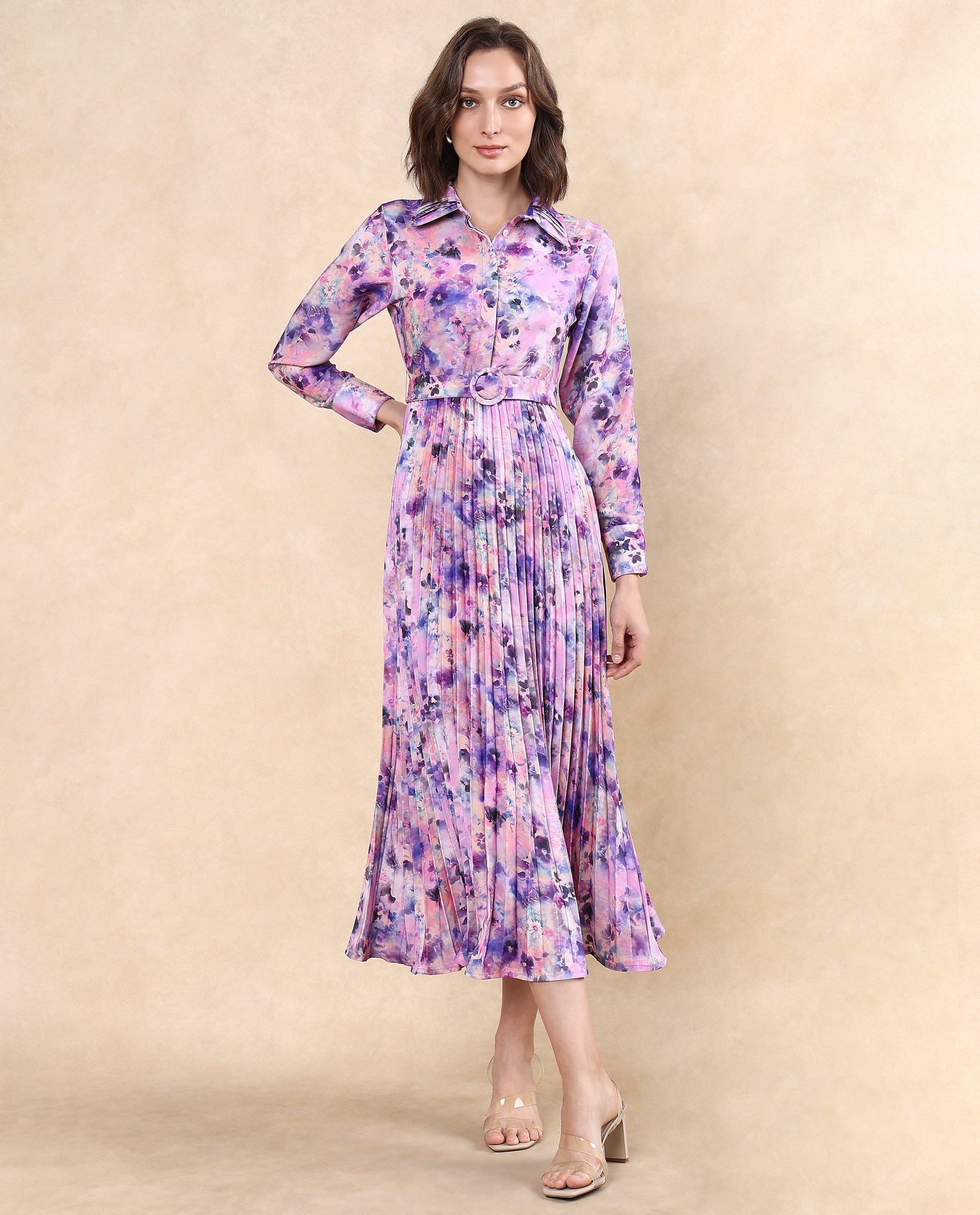 Rareism Women Verdem Pastel Multi Polyester Fabric Bishop Sleeve Collared Neck Button Closure Flared Maxi Floral Print Dress