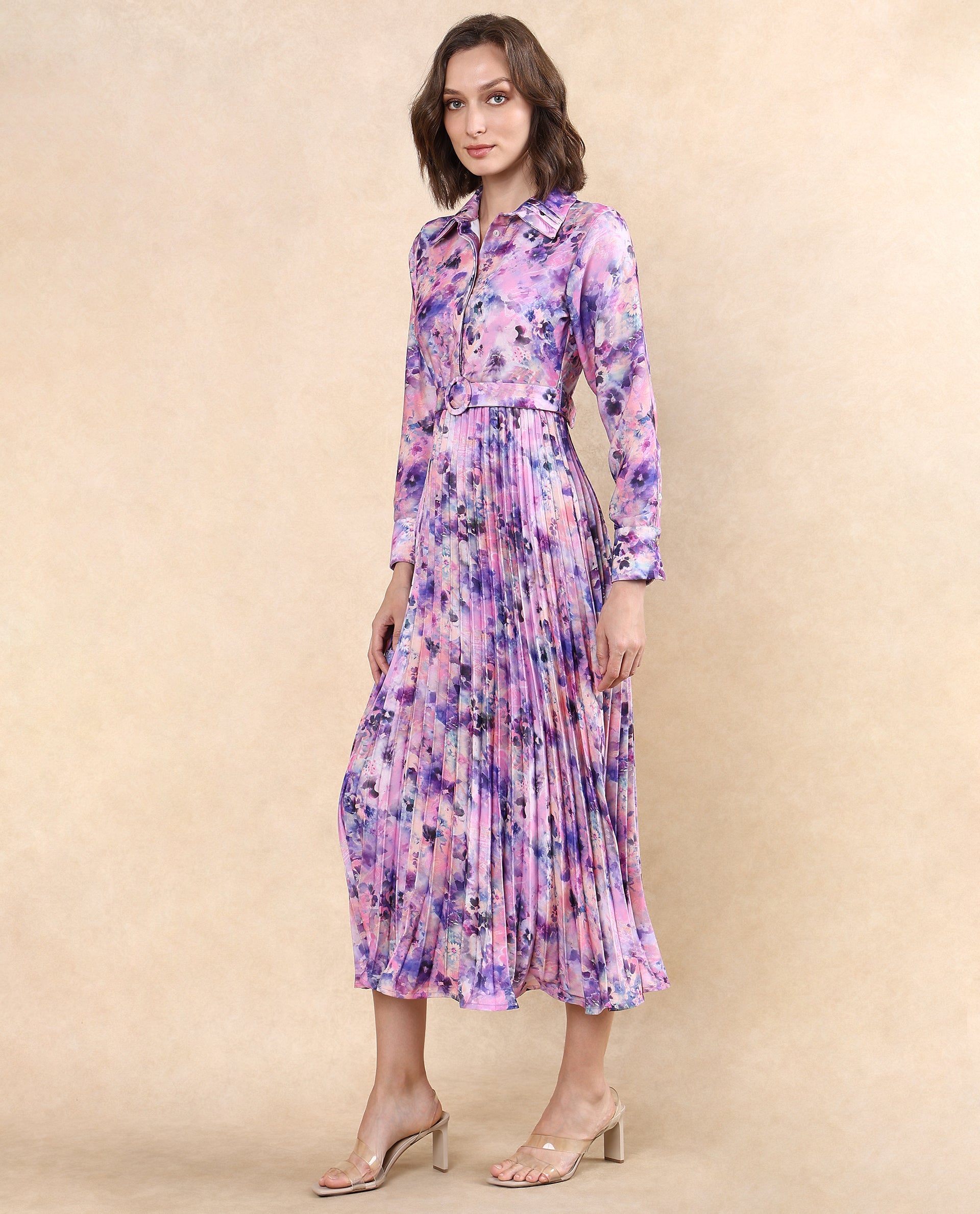 Rareism Women Verdem Pastel Multi Polyester Fabric Bishop Sleeve Collared Neck Button Closure Flared Maxi Floral Print Dress