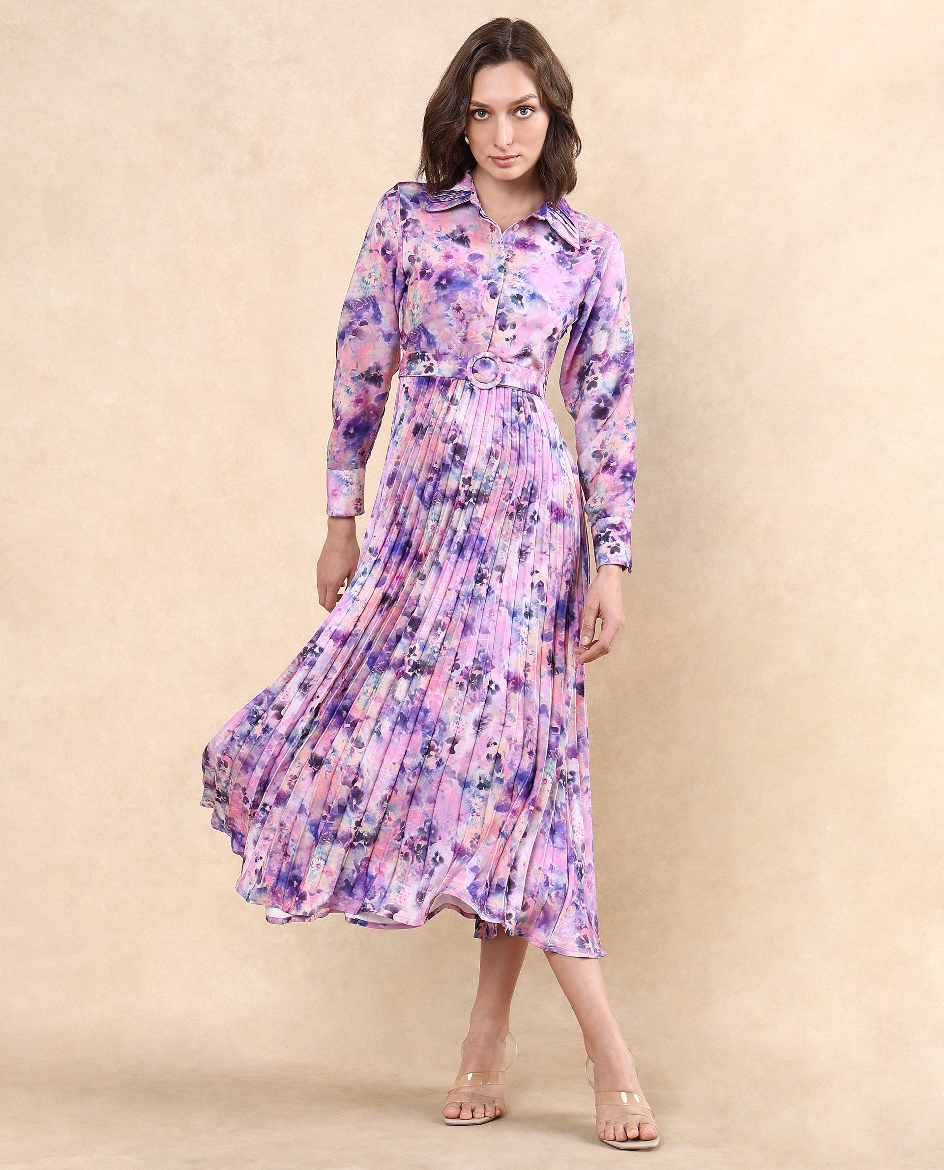 Rareism Women Verdem Pastel Multi Polyester Fabric Bishop Sleeve Collared Neck Button Closure Flared Maxi Floral Print Dress