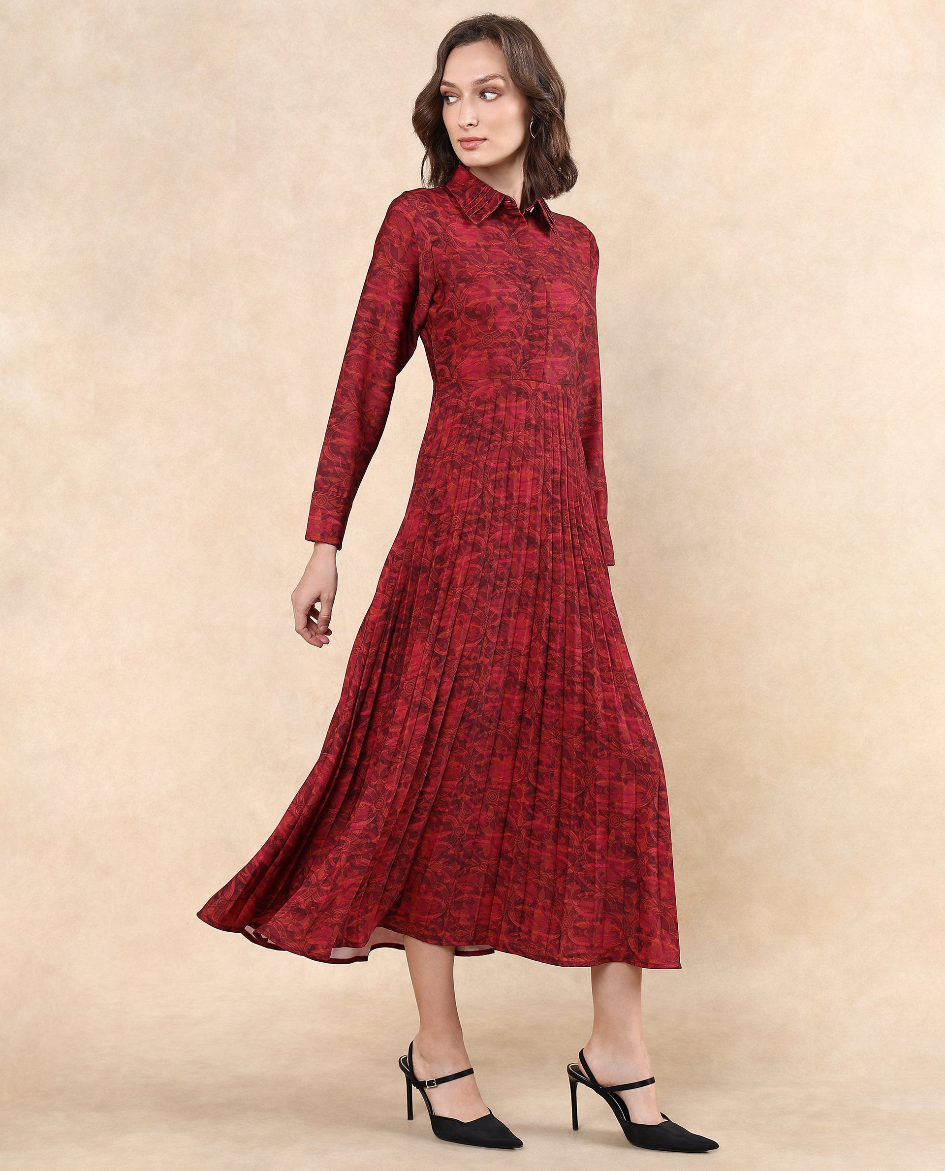 Rareism Women Verde Multi Polyester Fabric Cuffed Sleeve Collared Neck Button Closure Flared Maxi Floral Print Dress