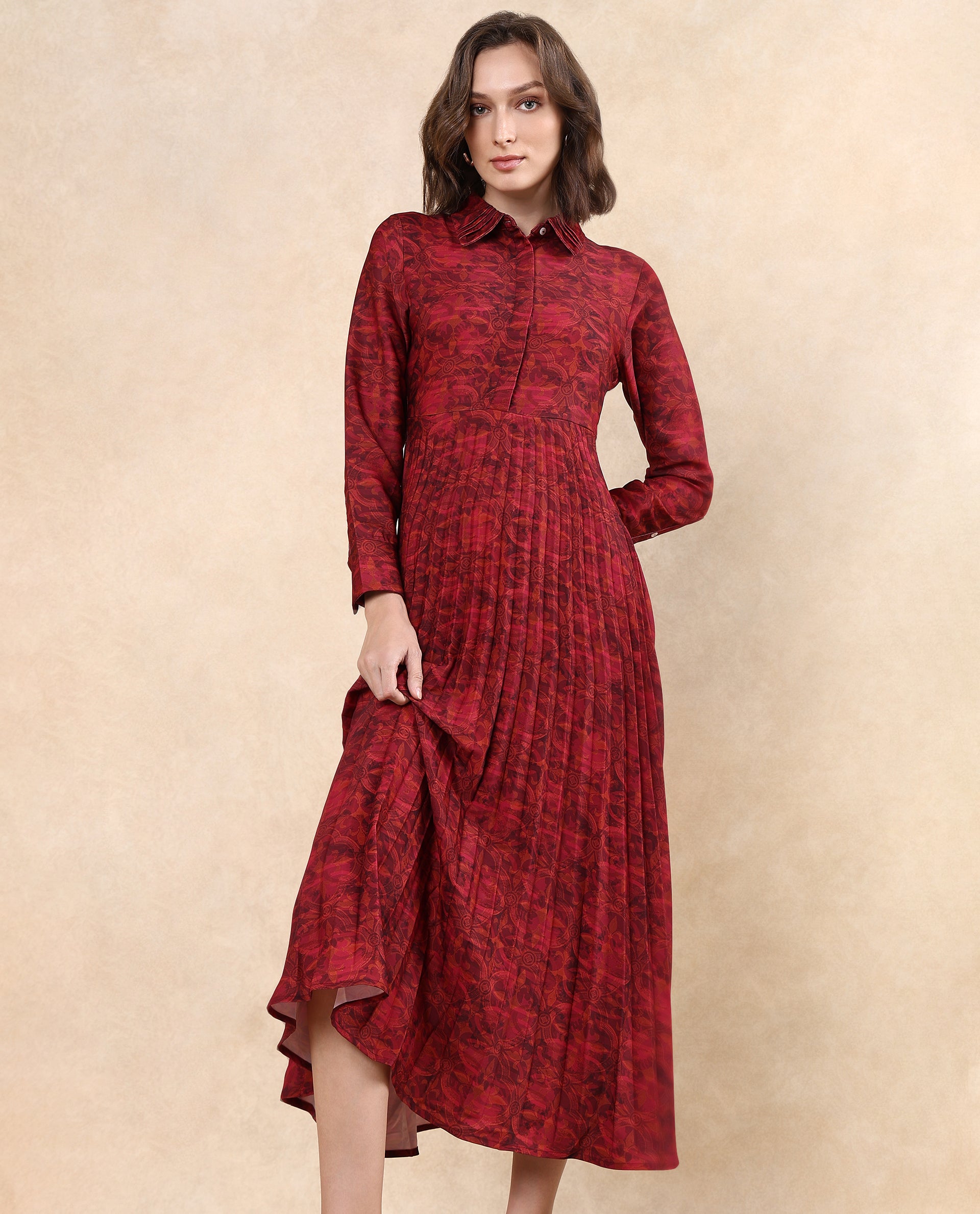 Rareism Women Verde Multi Polyester Fabric Cuffed Sleeve Collared Neck Button Closure Flared Maxi Floral Print Dress