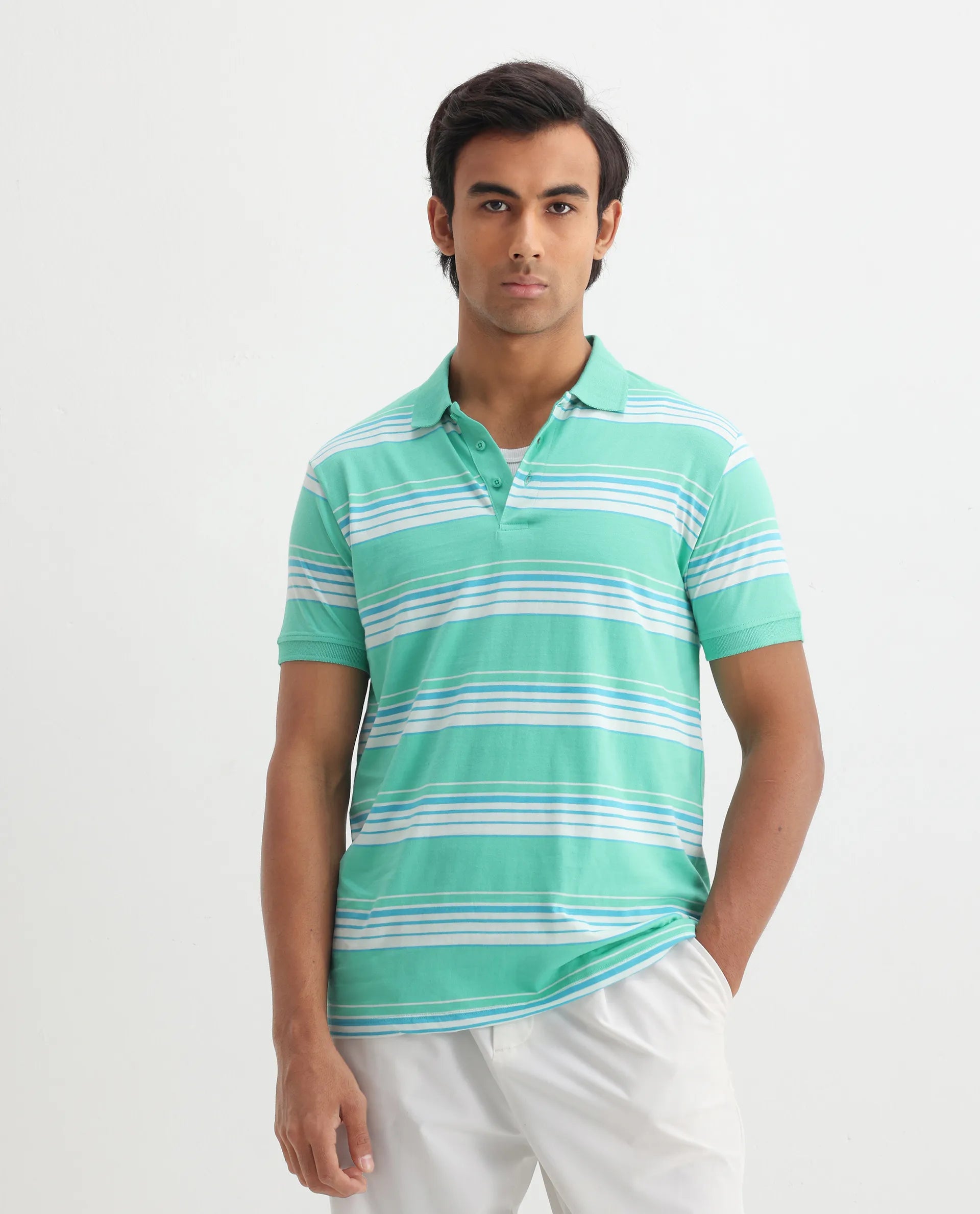 Rare Rabbit Men's Verdun Green Cotton Striped Print Regular Fit Half Sleeve Polo