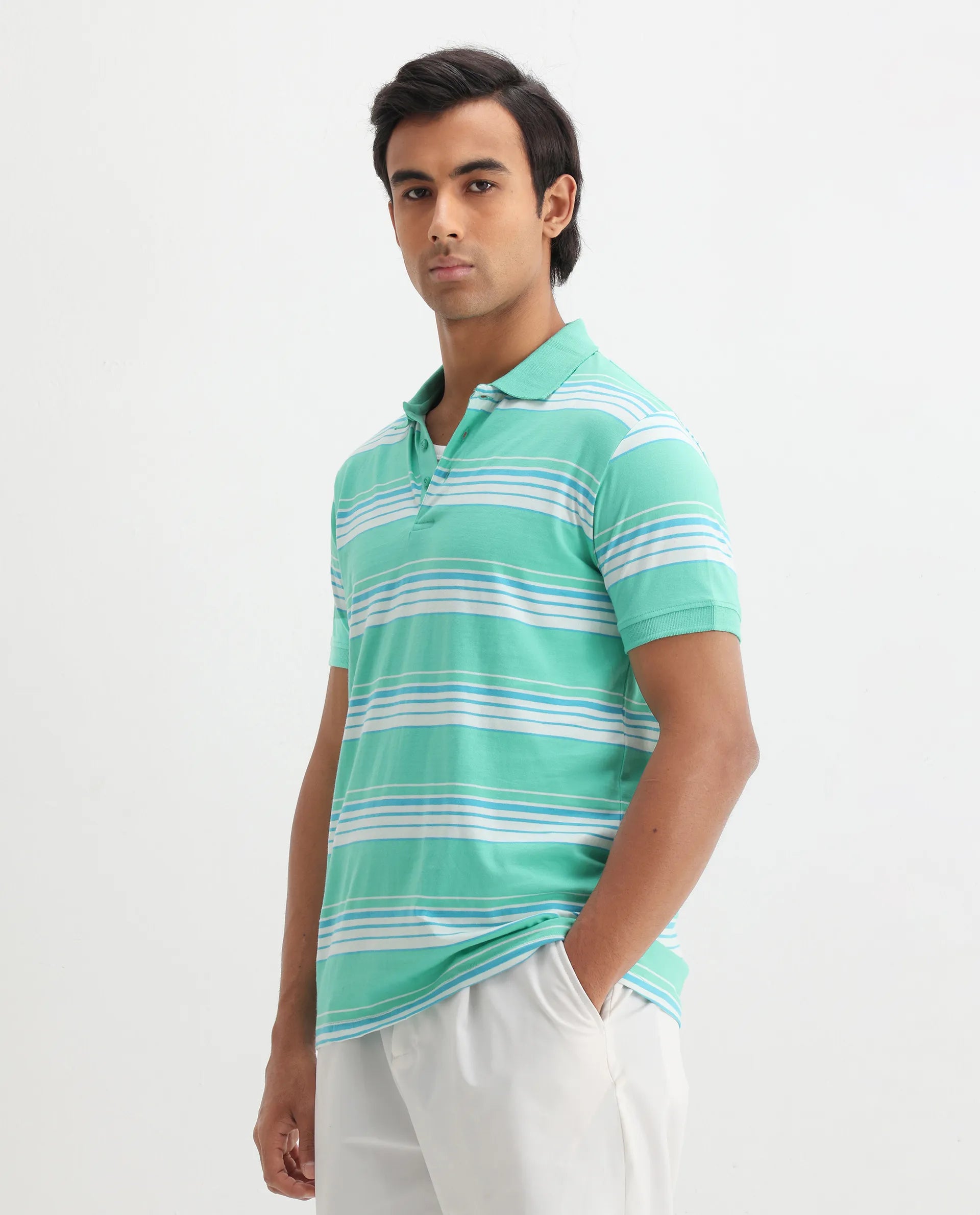 Rare Rabbit Men's Verdun Green Cotton Striped Print Regular Fit Half Sleeve Polo