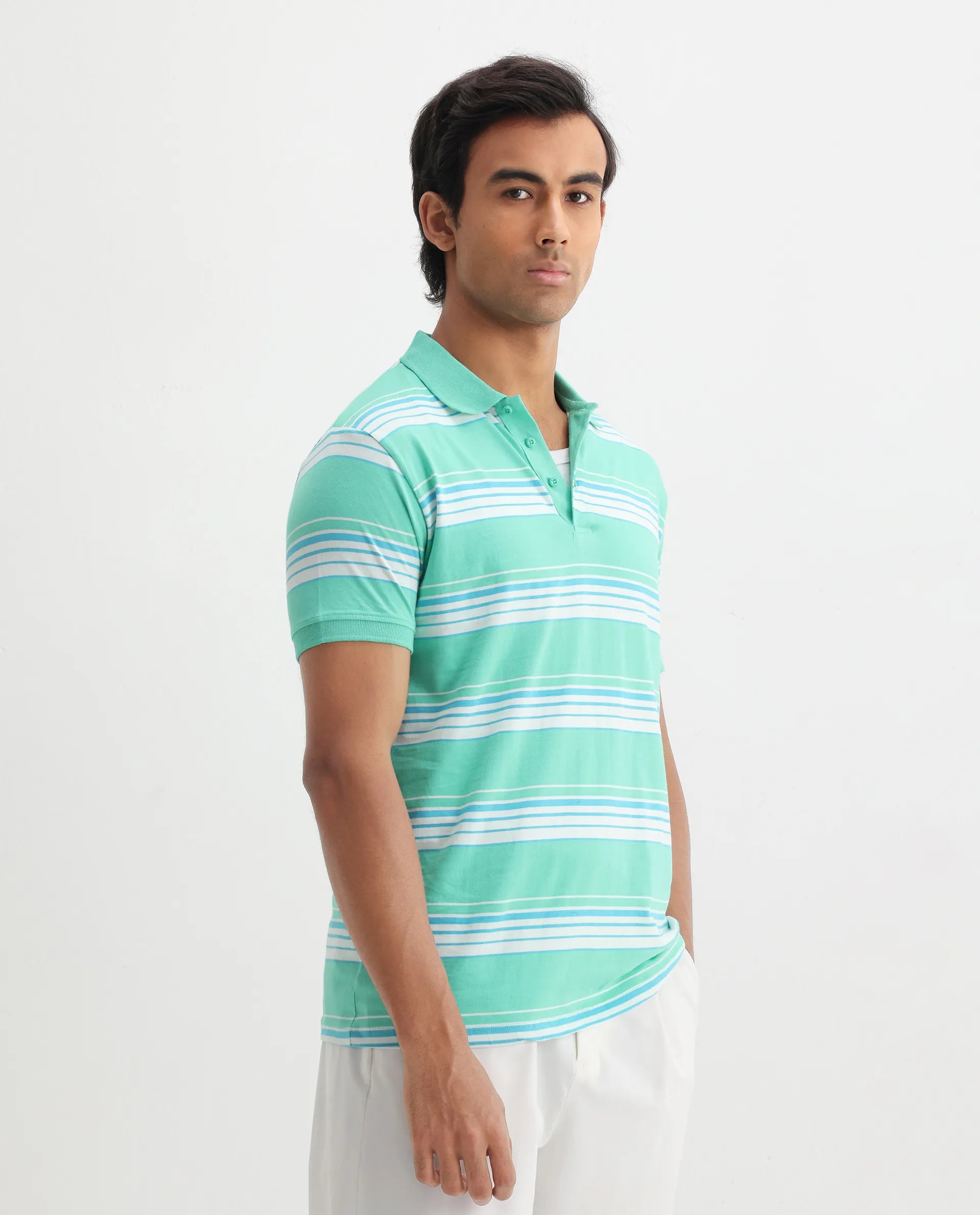 Rare Rabbit Men's Verdun Green Cotton Striped Print Regular Fit Half Sleeve Polo