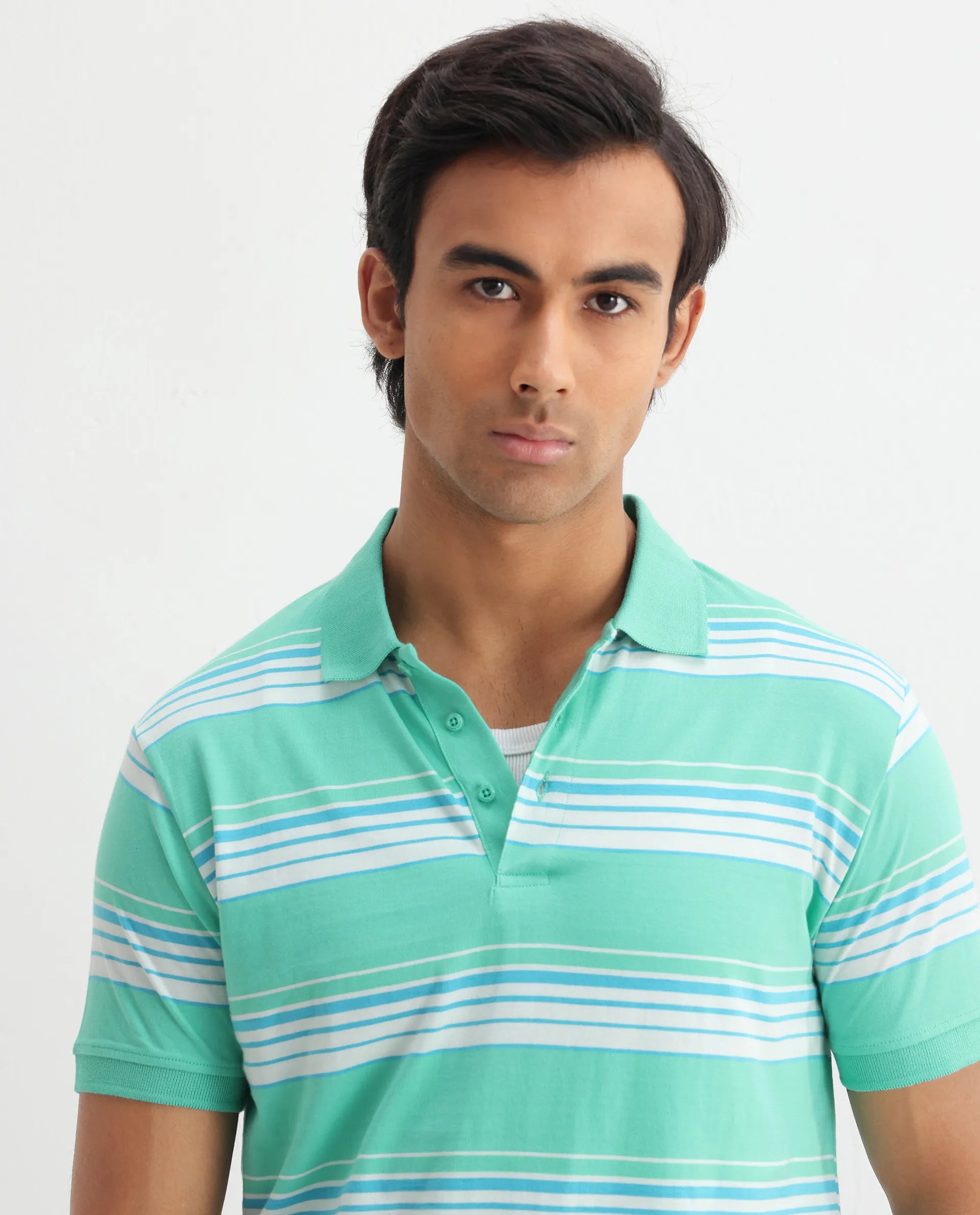Rare Rabbit Men's Verdun Green Cotton Striped Print Regular Fit Half Sleeve Polo
