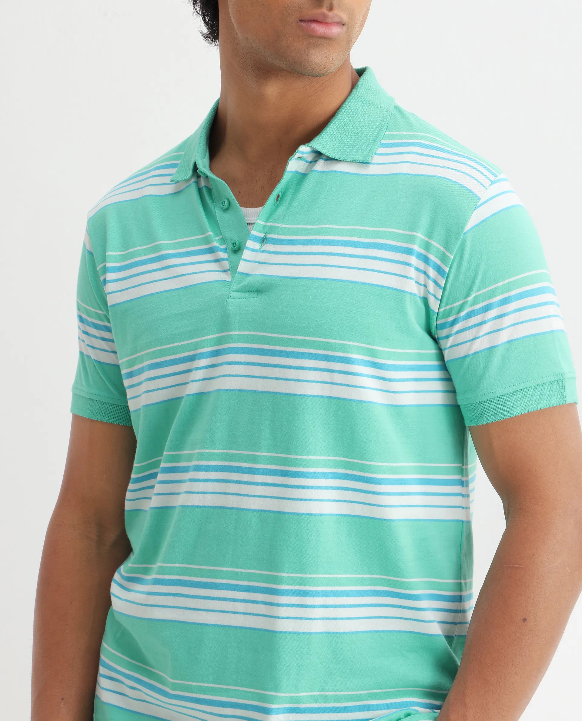 Rare Rabbit Men's Verdun Green Cotton Striped Print Regular Fit Half Sleeve Polo