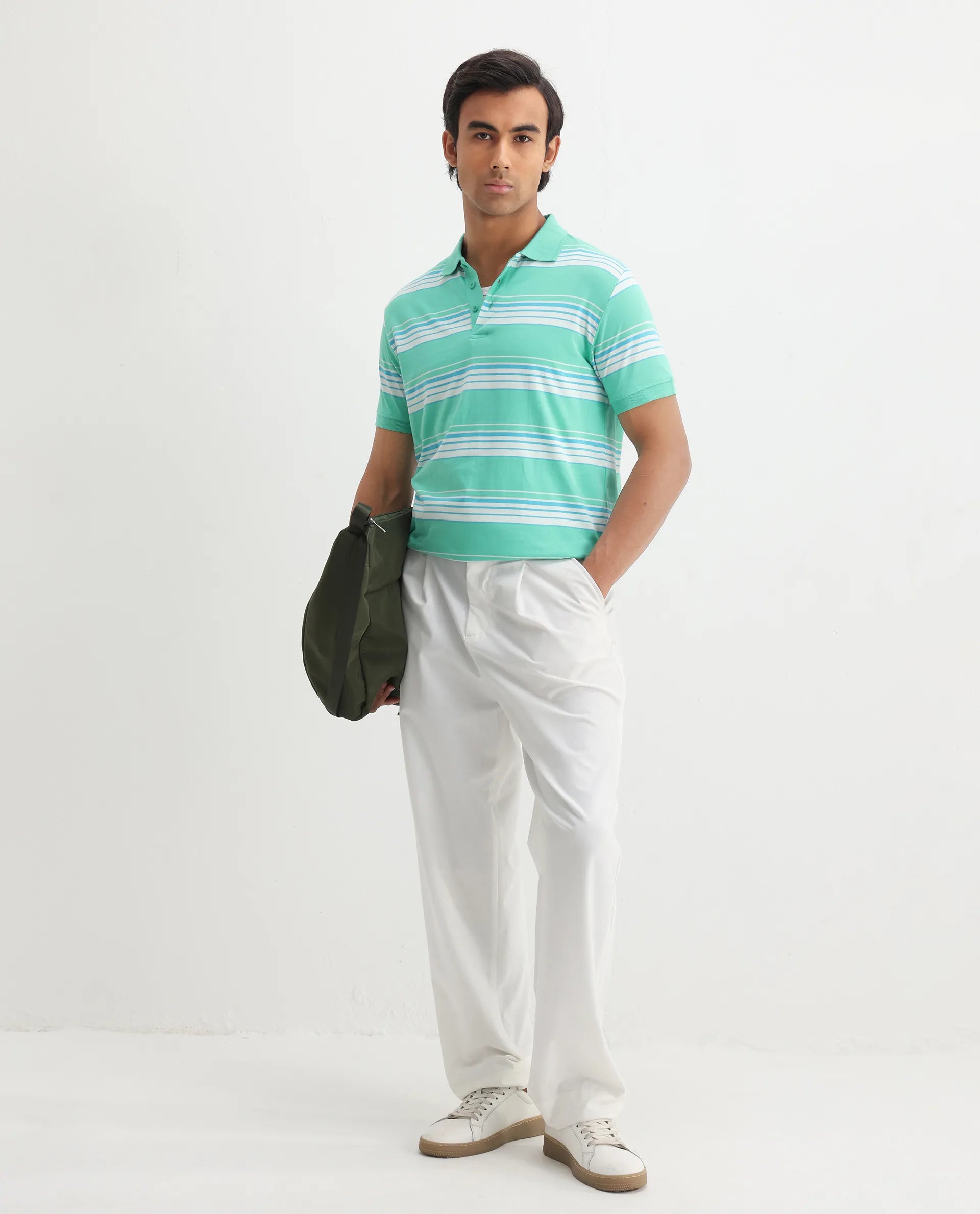 Rare Rabbit Men's Verdun Green Cotton Striped Print Regular Fit Half Sleeve Polo