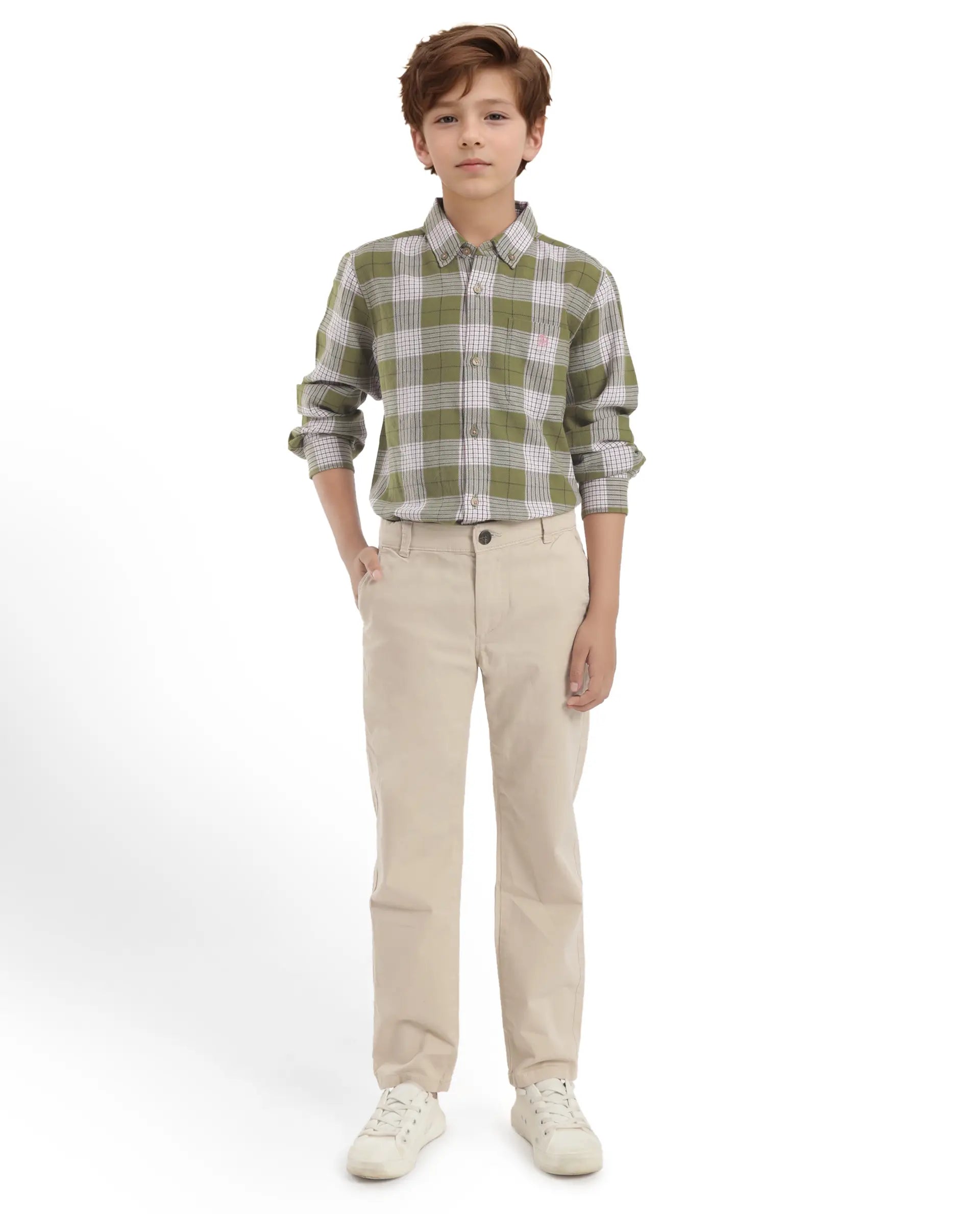 Rare Ones Kids Ver Olive Cotton Full Sleeves Button Down Regular Fit Checked Shirt