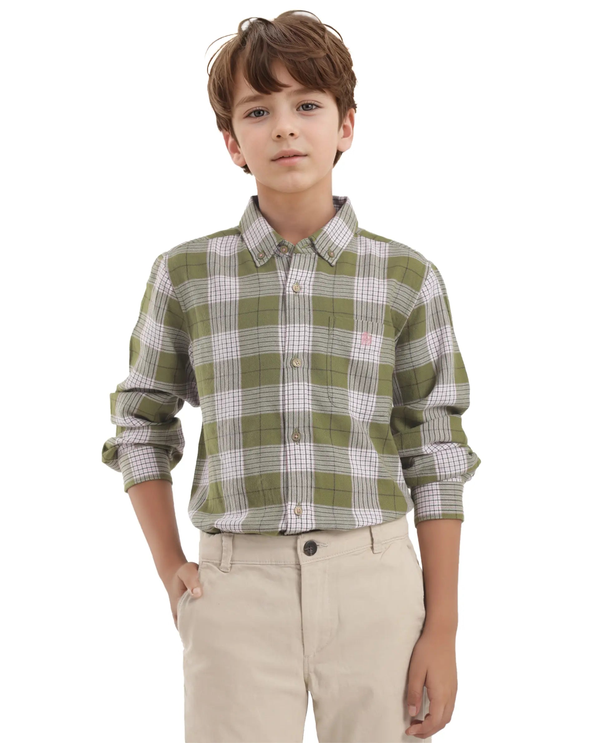 Rare Ones Kids Ver Olive Cotton Full Sleeves Button Down Regular Fit Checked Shirt