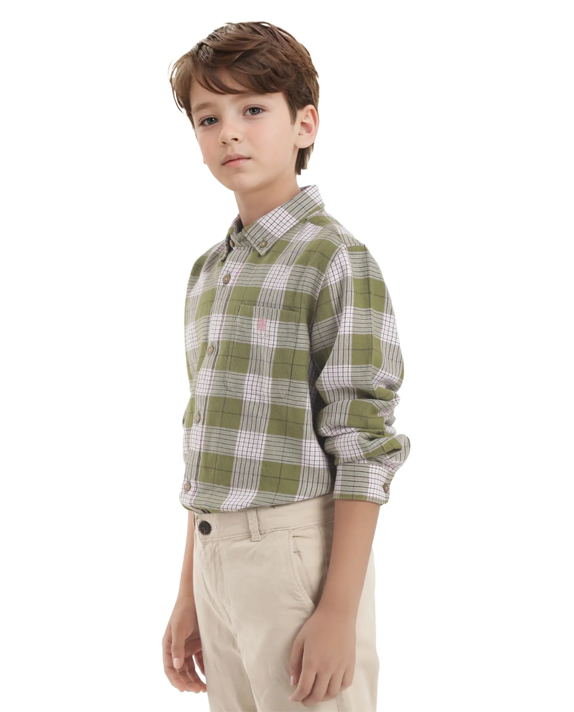 Rare Ones Kids Ver Olive Cotton Full Sleeves Button Down Regular Fit Checked Shirt