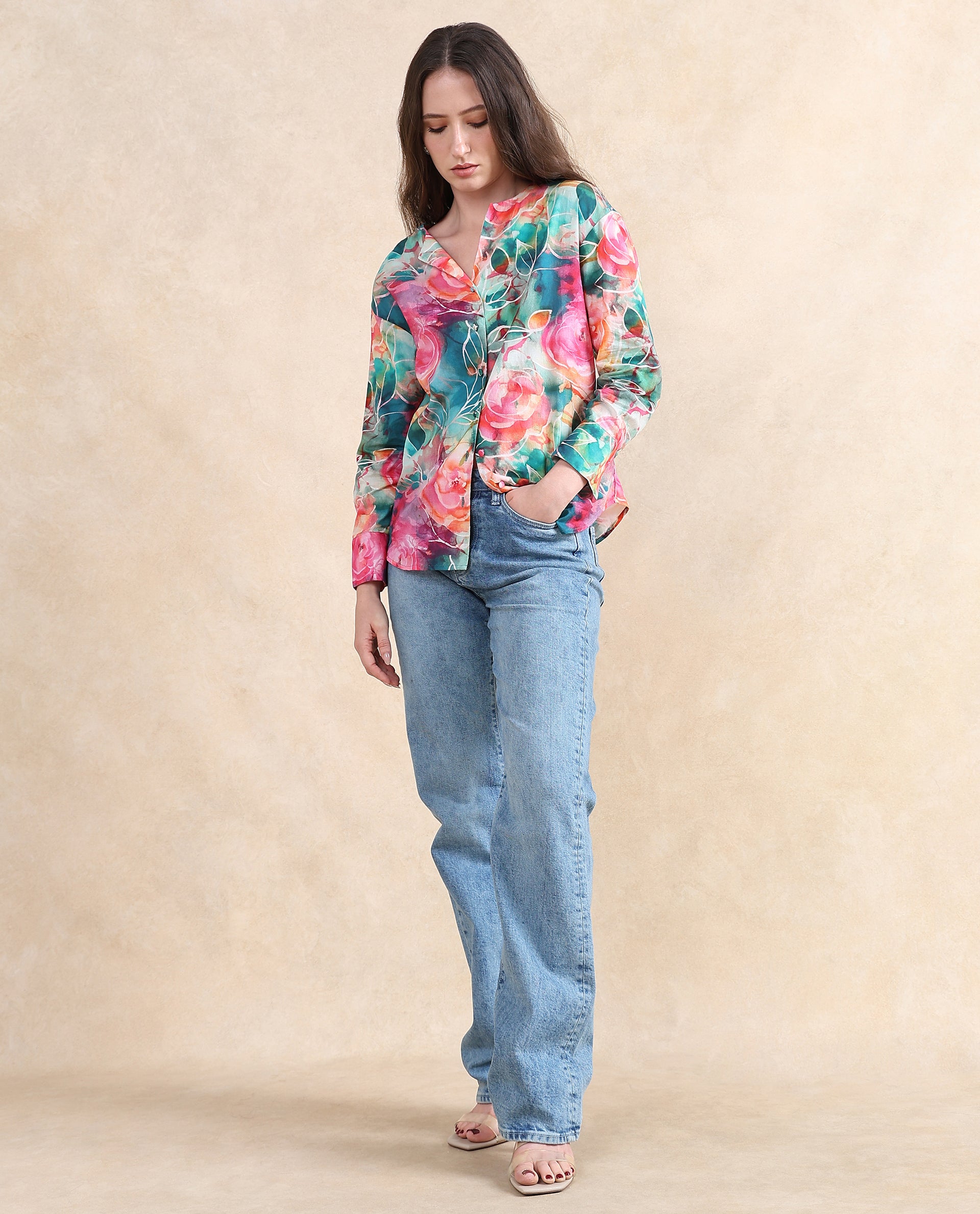 Rareism Women Verona Multi Cuffed Sleeve Mandarin Neck Abstract Print Shirt