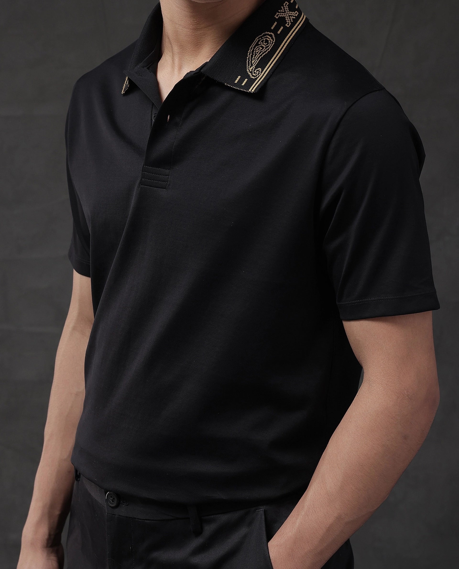 Rare Rabbit Men Vers Black Short Sleeve Collared Neck Button Closure Plain Polo