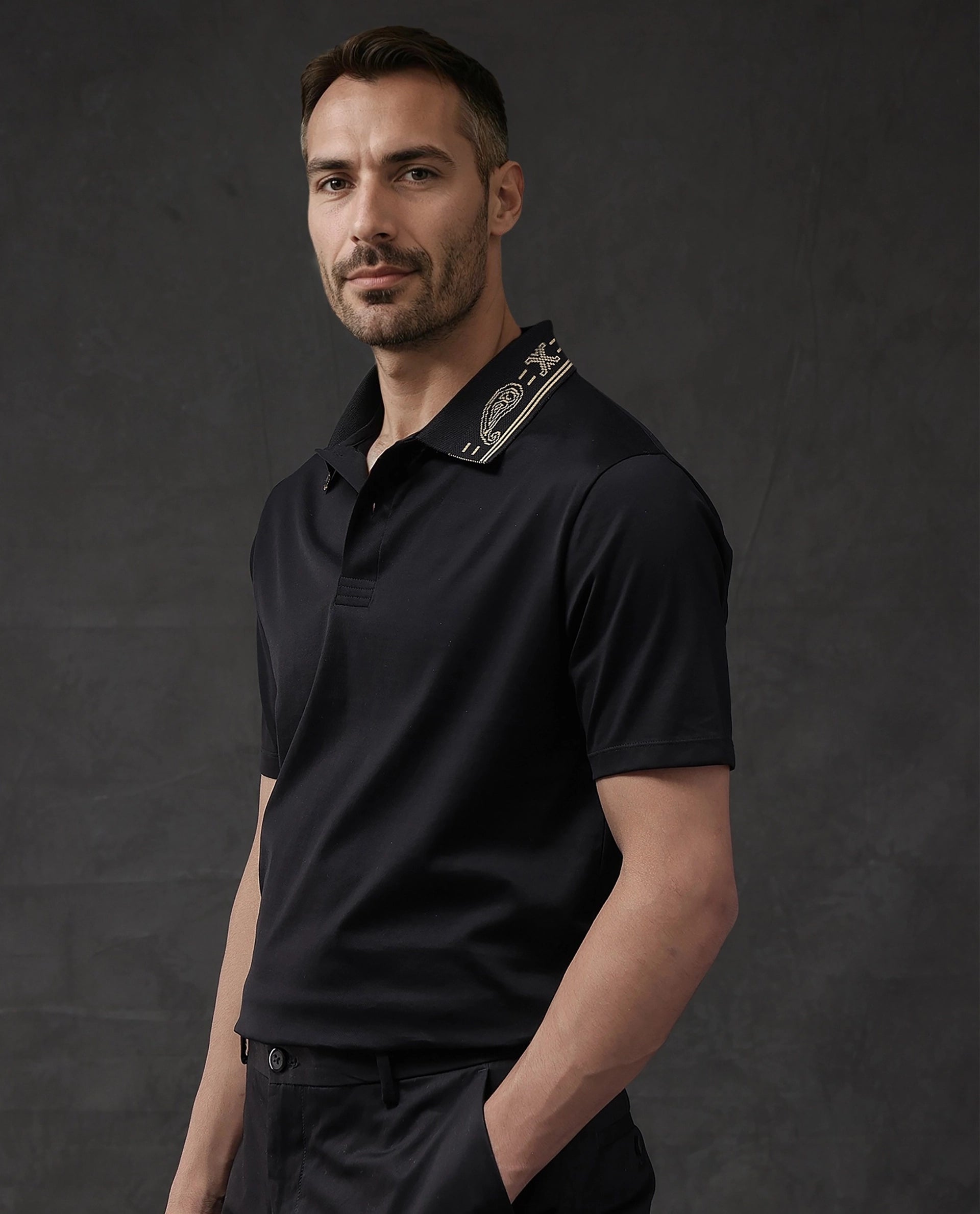 Rare Rabbit Men Vers Black Short Sleeve Collared Neck Button Closure Plain Polo