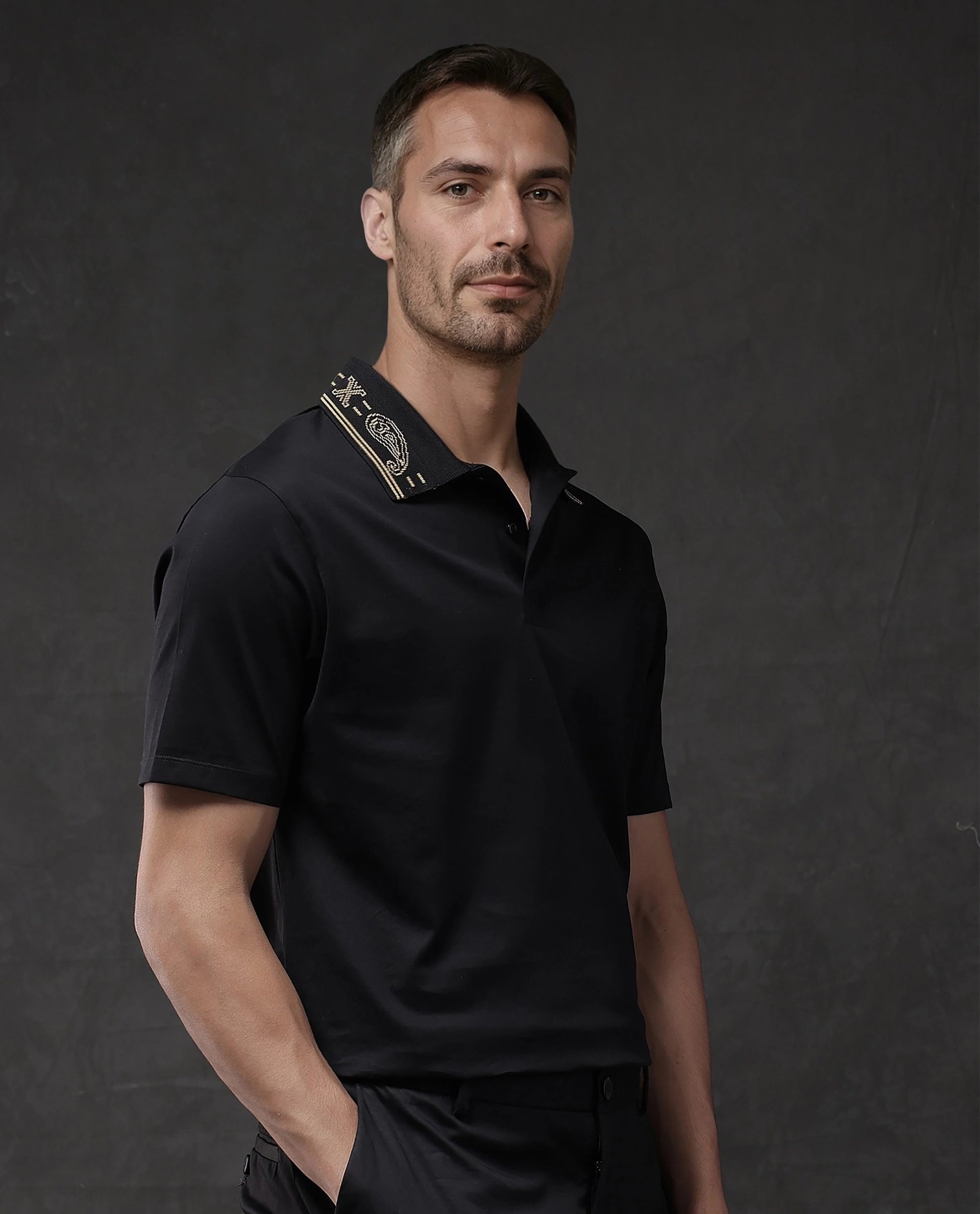 Rare Rabbit Men Vers Black Short Sleeve Collared Neck Button Closure Plain Polo