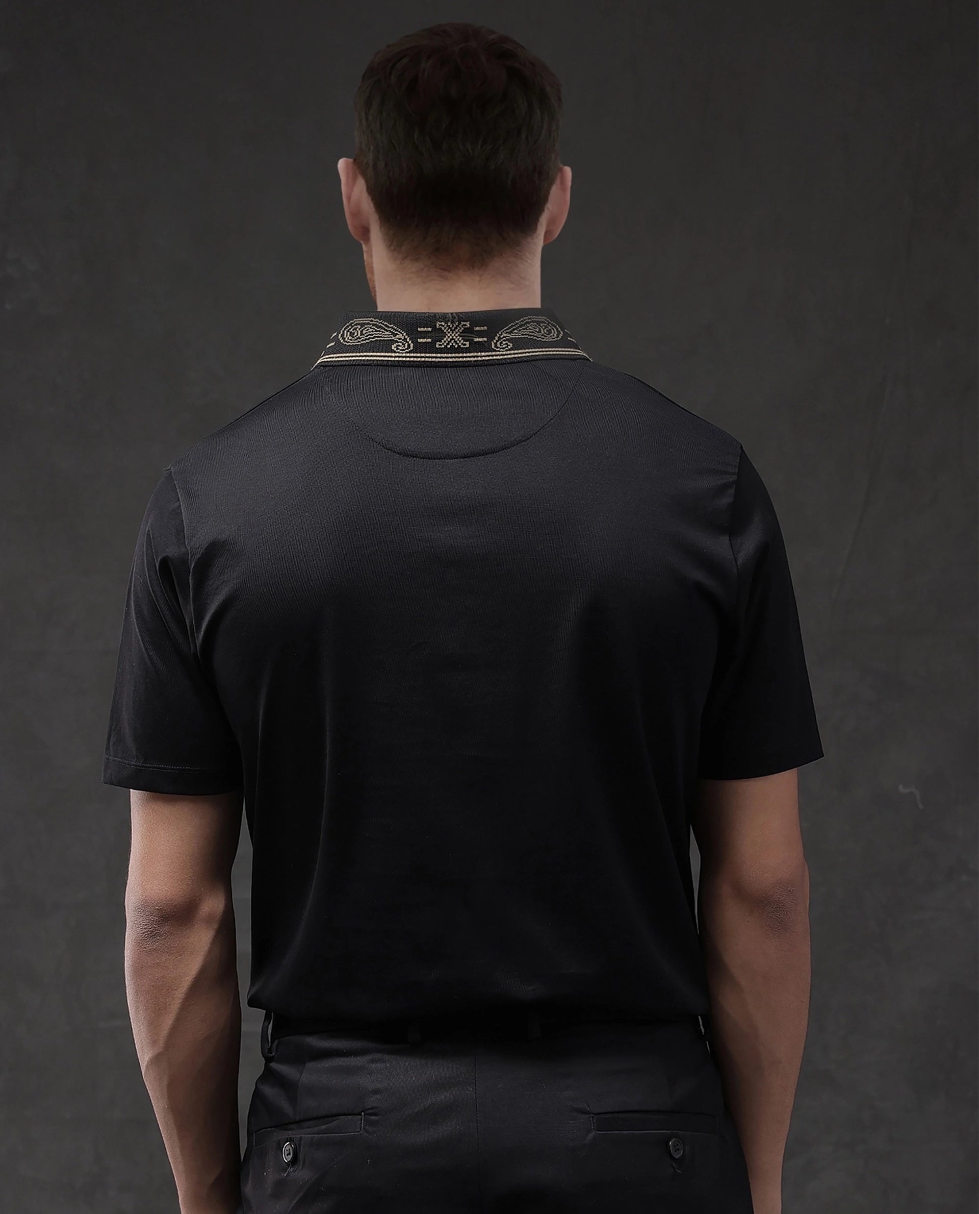 Rare Rabbit Men Vers Black Short Sleeve Collared Neck Button Closure Plain Polo