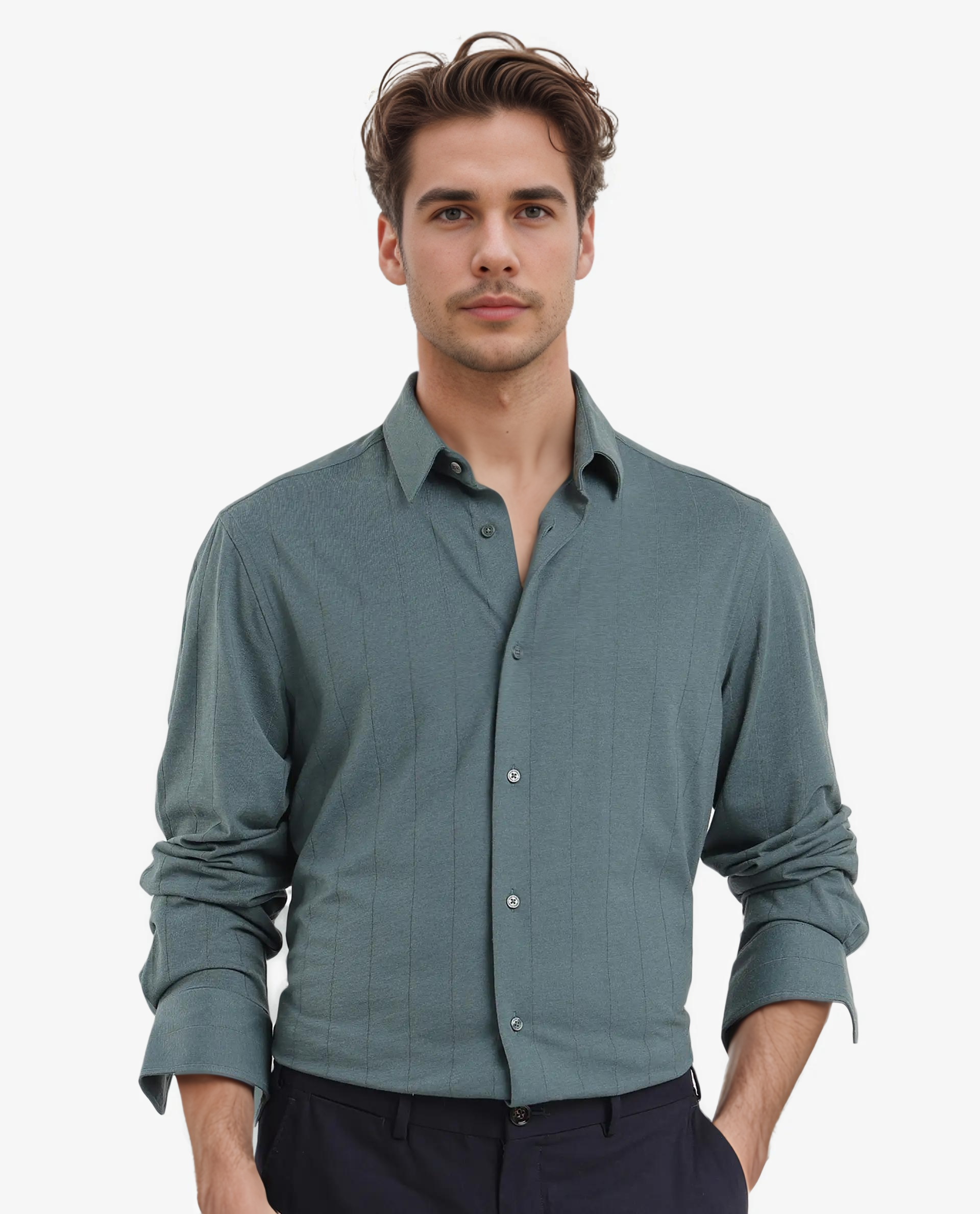 Rare Rabbit Men Vert-3 Dusky Green Cotton Fabric Full Sleeves Regular Fit Self Stripes Knit Shirt