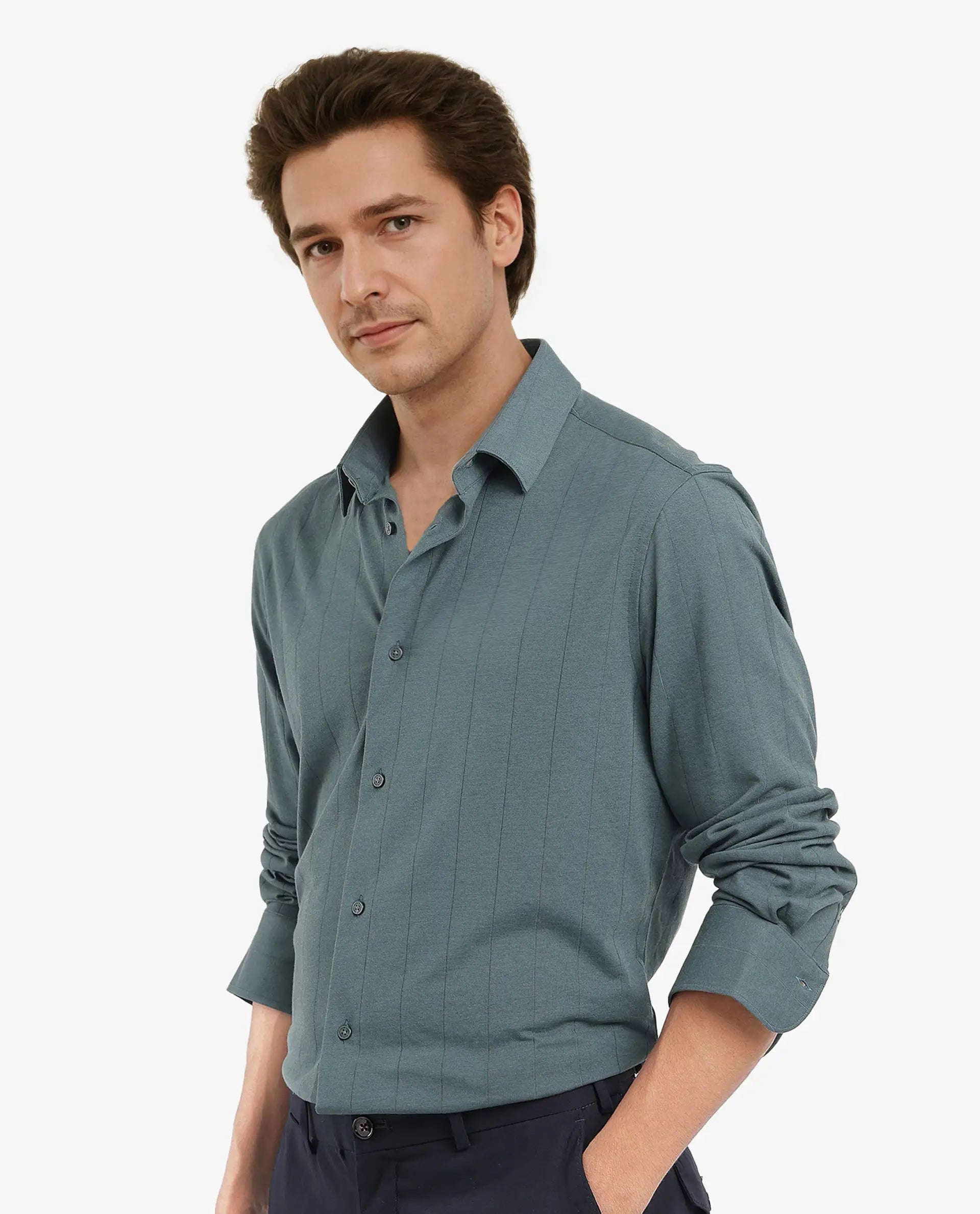 Rare Rabbit Men Vert-3 Dusky Green Cotton Fabric Full Sleeves Regular Fit Self Stripes Knit Shirt