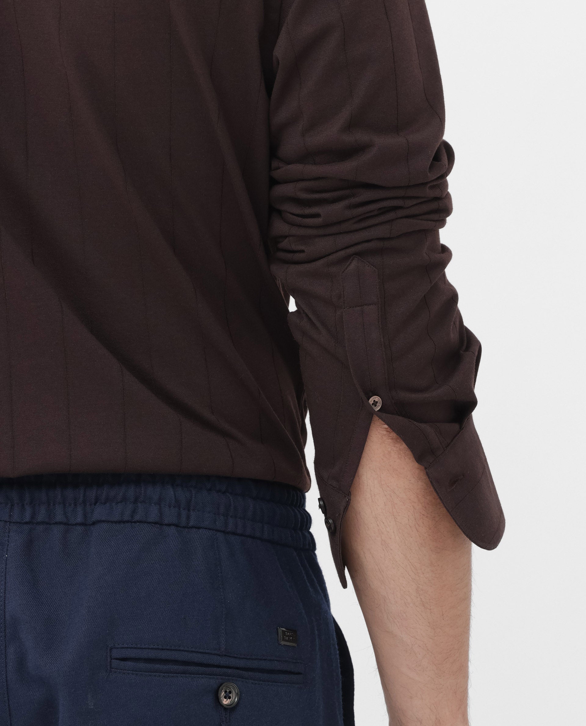 Rare Rabbit Mens Vert LS Dark Brown Cotton Fabric Full Sleeves Solid Self Stripe Shirt