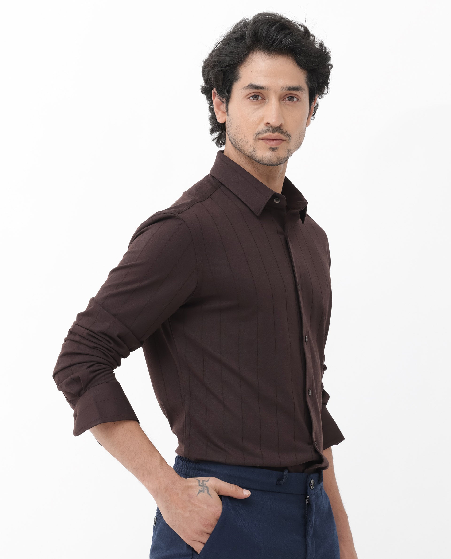 Rare Rabbit Mens Vert LS Dark Brown Cotton Fabric Full Sleeves Solid Self Stripe Shirt