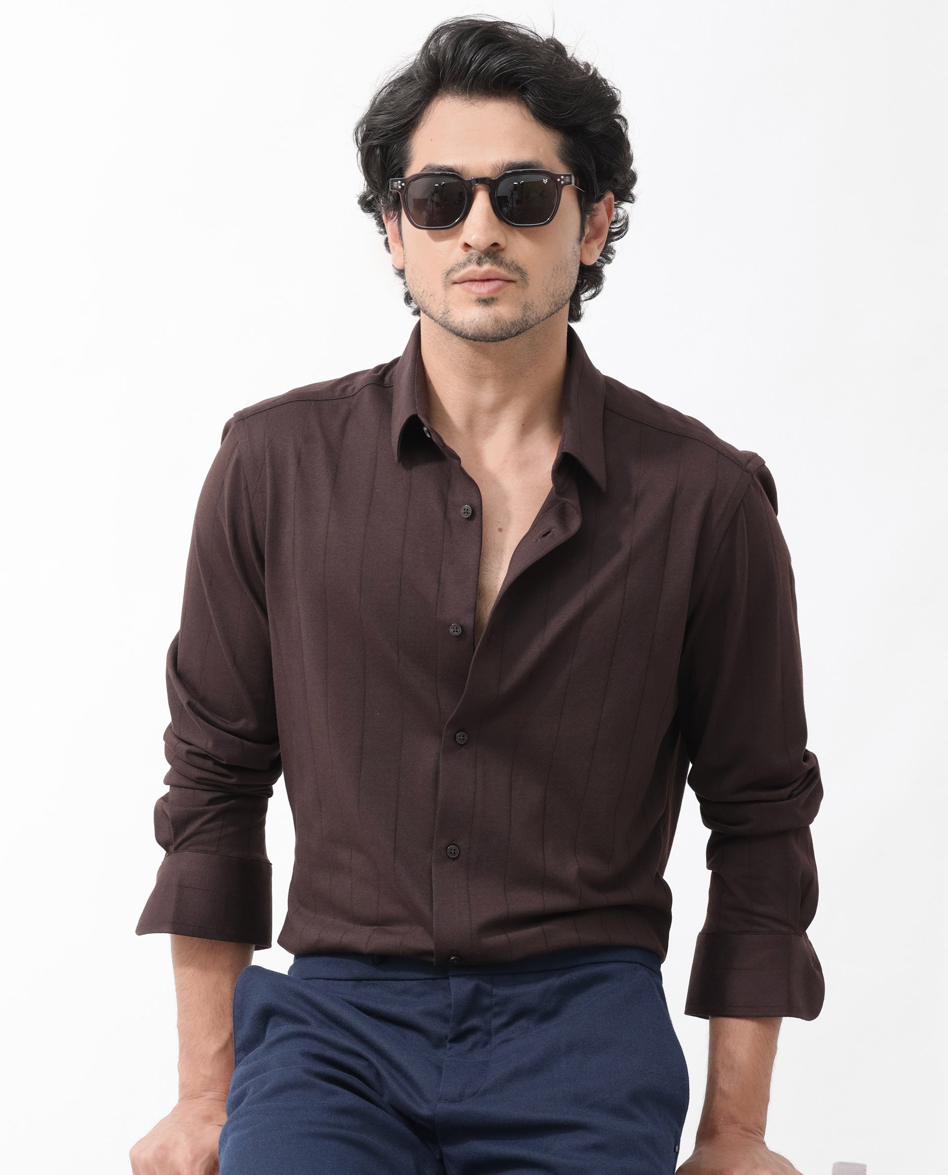 Rare Rabbit Mens Vert LS Dark Brown Cotton Fabric Full Sleeves Solid Self Stripe Shirt